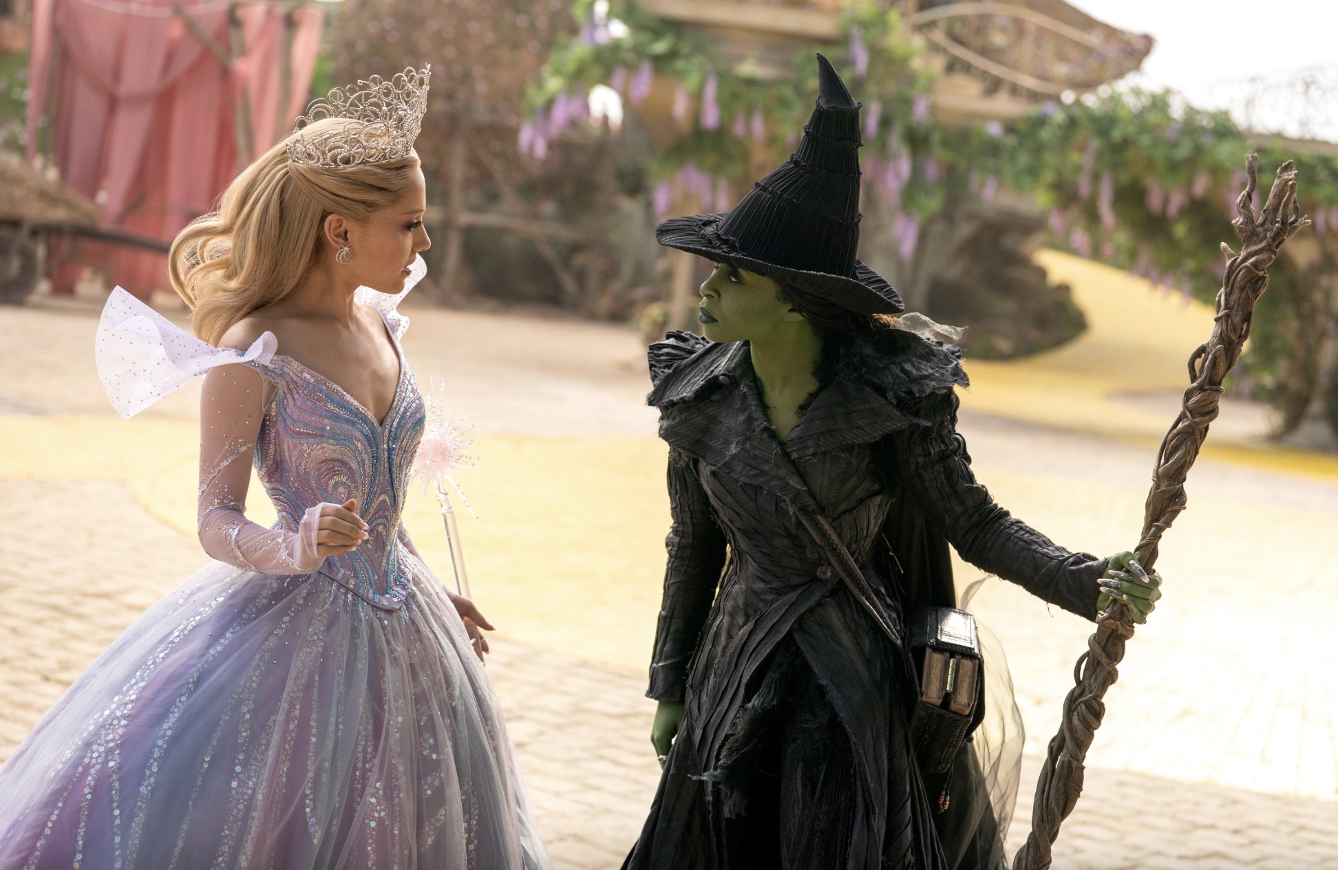 Ariana Grande as Glinda and Cynthia Erivo as Elphaba in “Wicked For Good.” Photo credit Giles Keyte for Universal Pictures