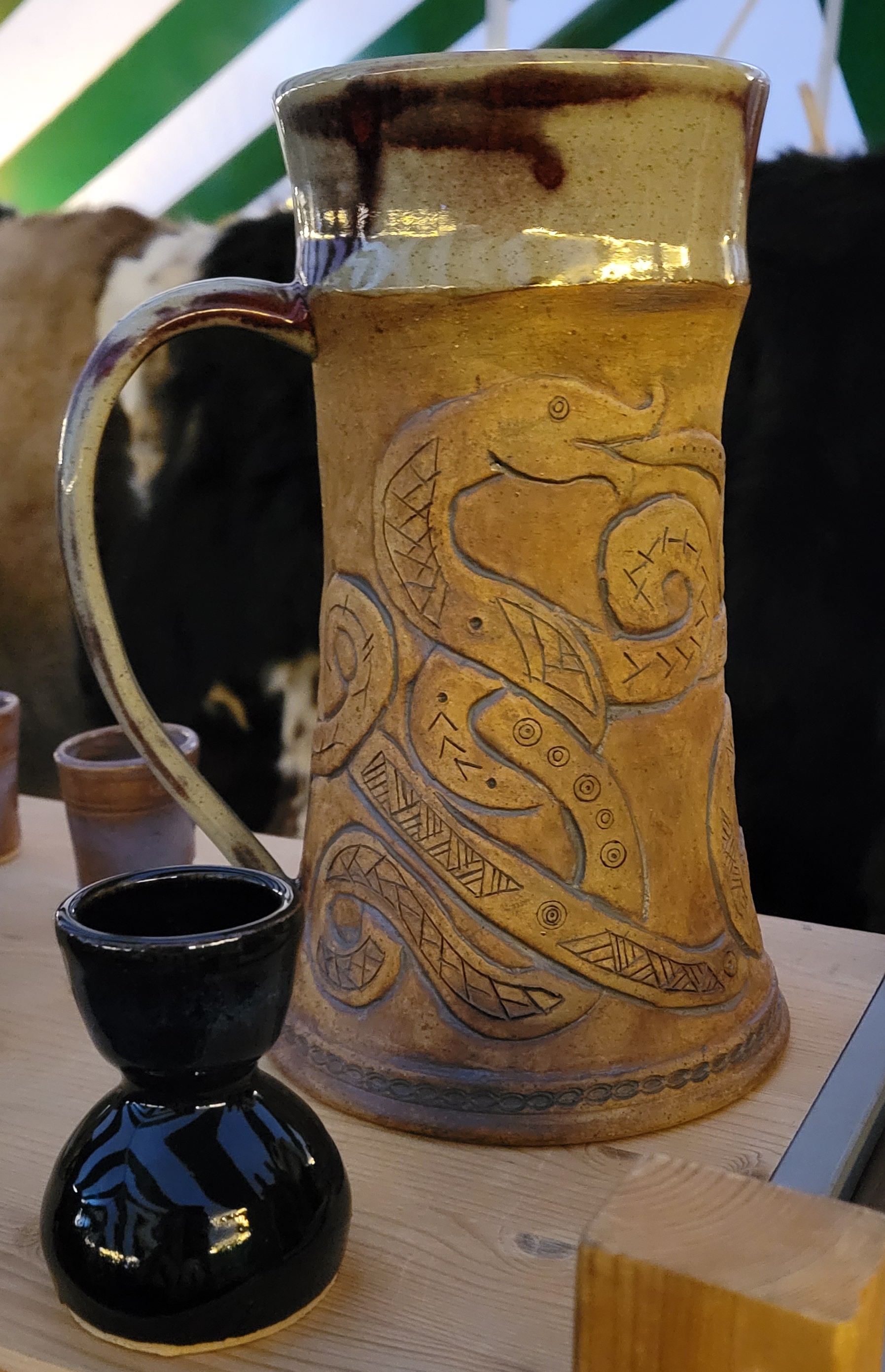 Beer stein by Michael George, owner of Ram's Head Craftworks, vendor at Michigan Nordic Fire Festival, Eaton County Fairgrounds in Charlotte, Michigan on Feb. 25, 2023
