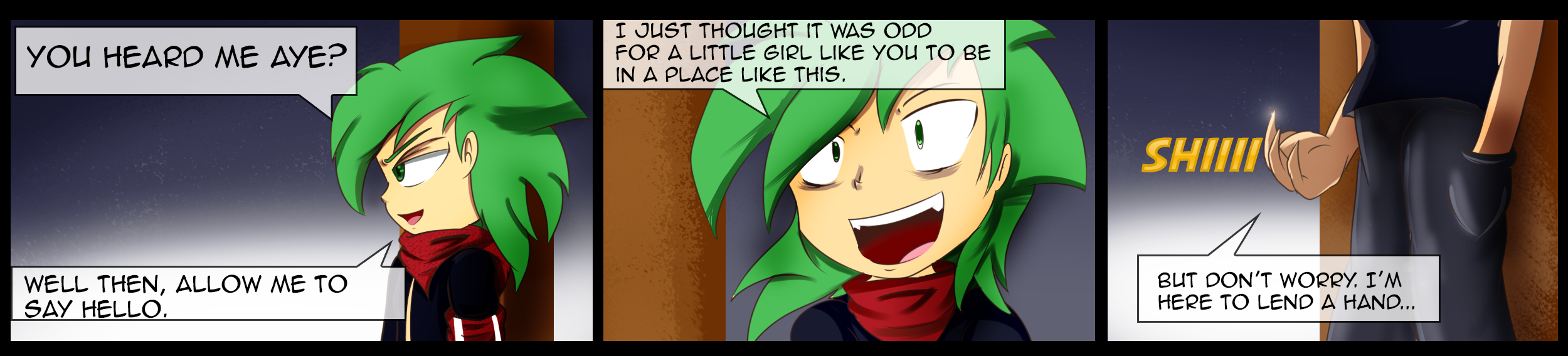 Comic strip of girl in red cloak meeting boy with angular green hair in dark clothes.