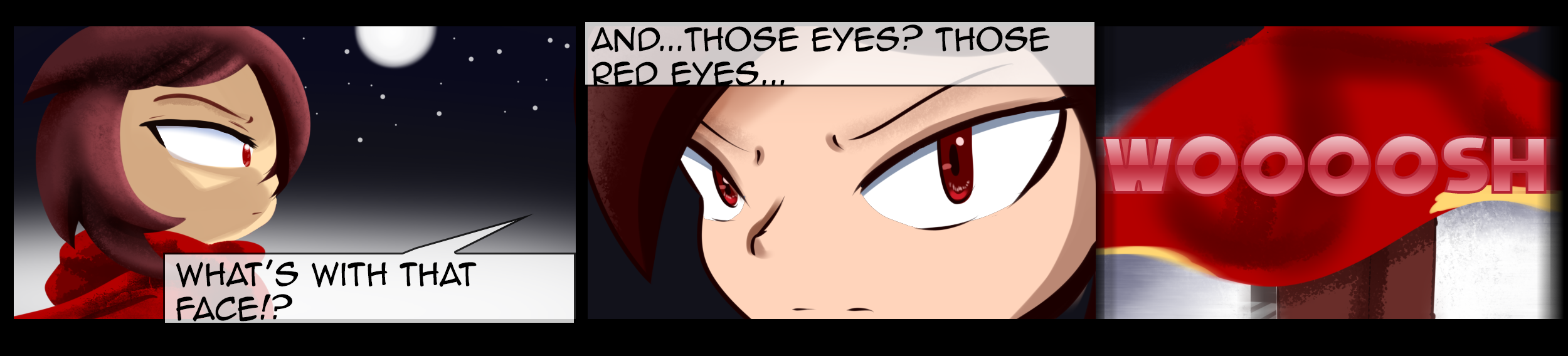 Comic strip of close up of girl in red cloak showing red eyes with boy in background saying "Those red eyes."
