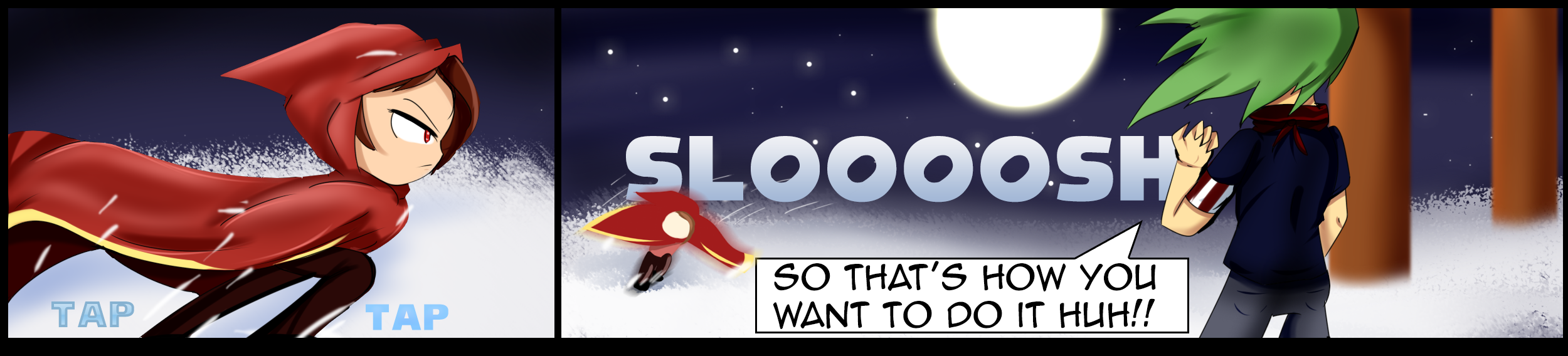 Comic strip of girl in red cloak walking away from boy in snow toward night sky.