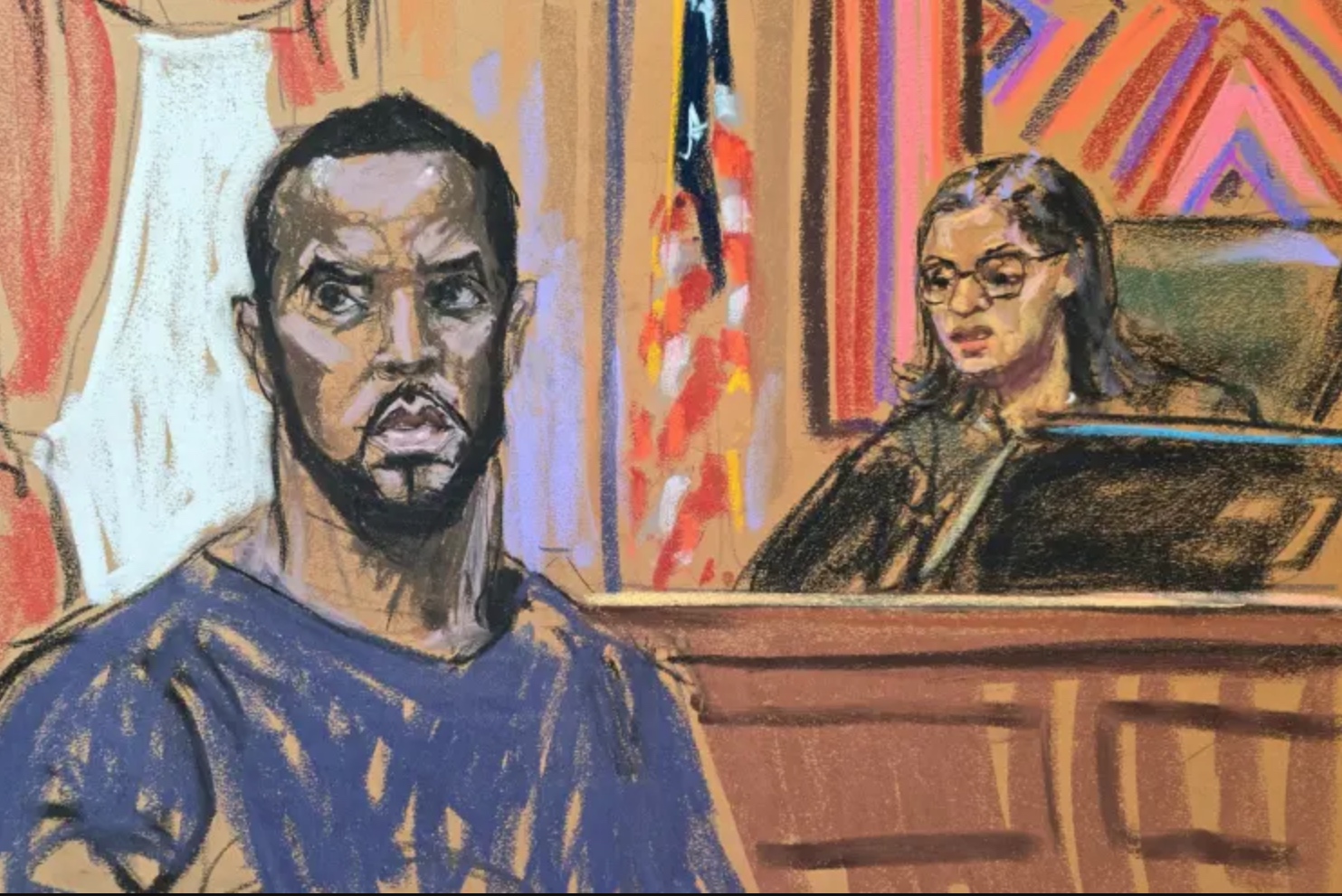 Courtroom sketch shows Sean "P. Diddy" Combs at Sept. 17, 2024, hearing where Magistrate Judge Robyn Tarnofsky issued decision he will be detained until trial.