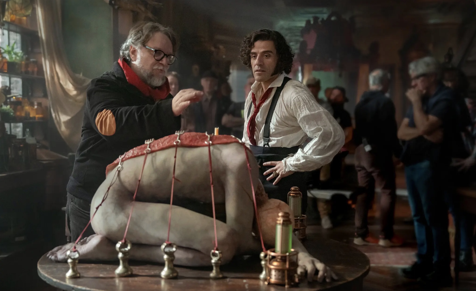 Director Guillermo del Toro (left) with Oscar Isaac, who plays Victor Frankenstein on the set of “Frankenstein” (2025). Photo courtesy of Ken Woroner for Netflix Director Guillermo del Toro (left) with Oscar Isaac, who plays Victor Frankenstein on the set of “Frankenstein” (2025). Photo courtesy of Ken Woroner for Netflix