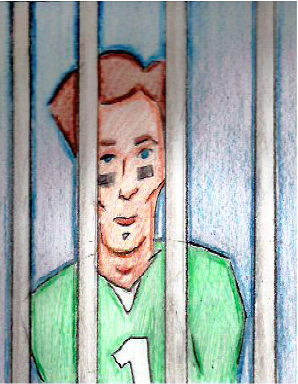 An illustration of a football player, in uniform with a line of black paint under his eyes, behind prison bars.