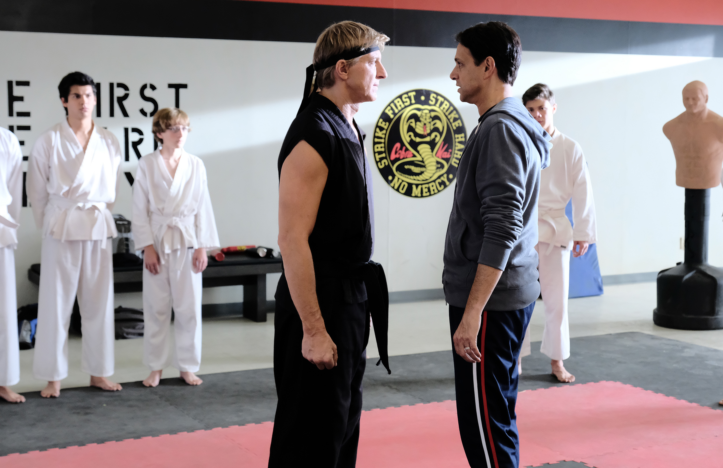 William Zabka as Johnny Lawrence faces off against Ralph Macchio as Daniel LaRusso in "Cobra Kai" William Zabka as Johnny Lawrence faces off against Ralph Macchio as Daniel LaRusso in "Cobra Kai"