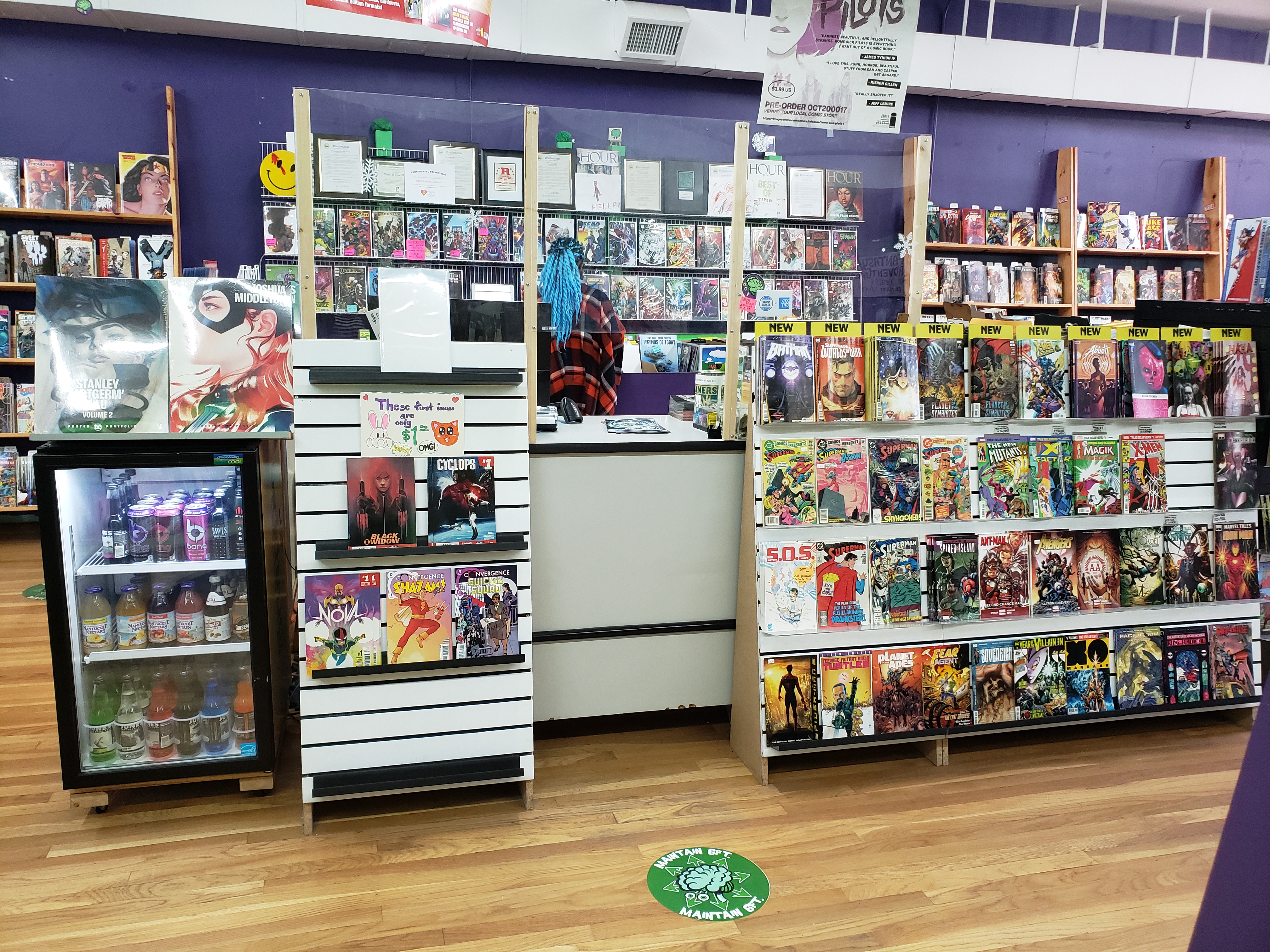 Plexiglass installed at Green Brain Comics, Dearborn, Michigan