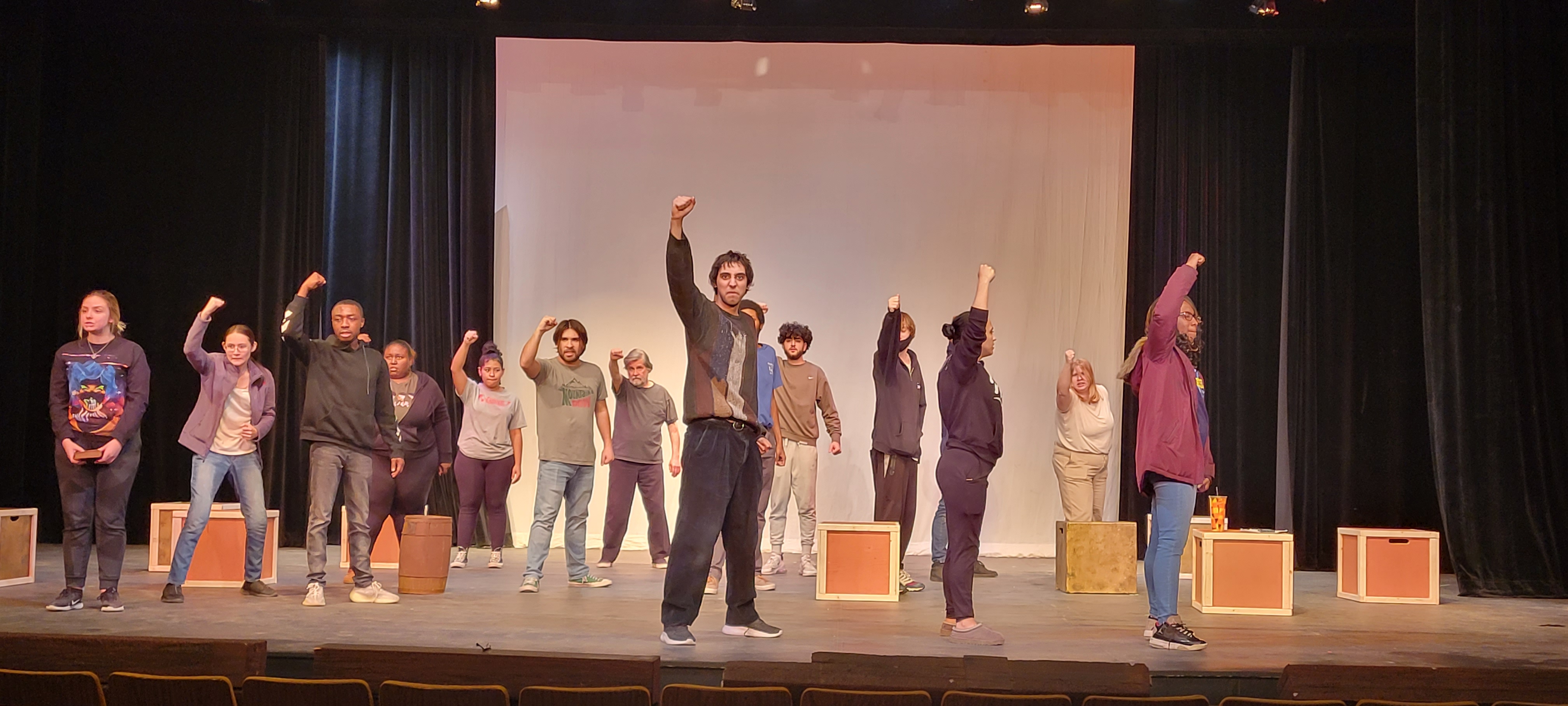 HFC Theatre students in the cast of “The Passage” rehearsing the song “The Tavern on Coffin Street.”  Photo by Katherine Warden.