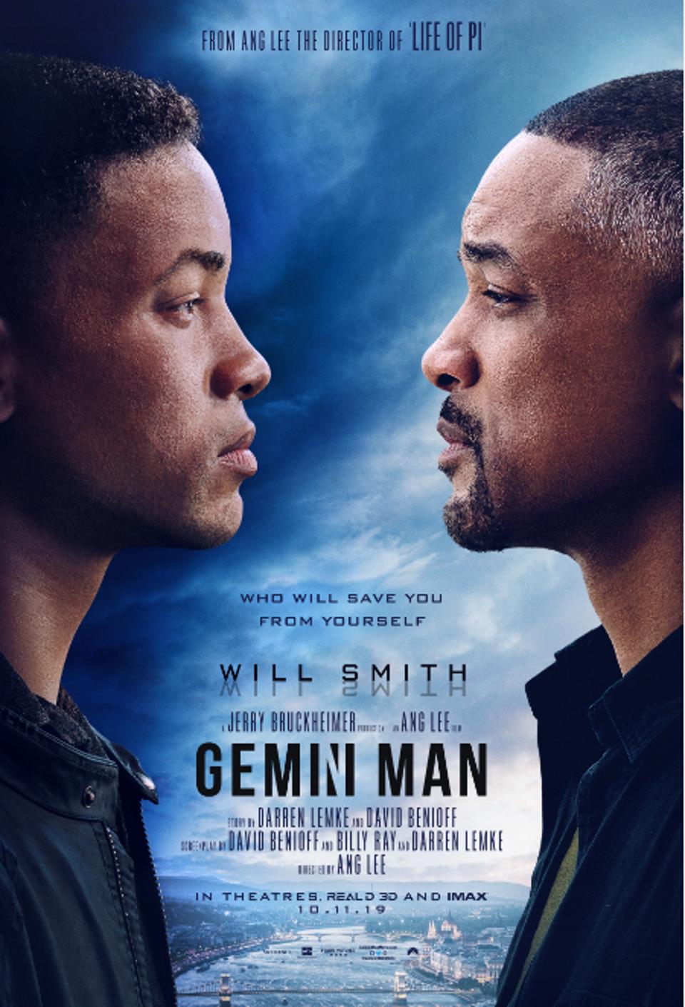 Image of poster for "Gemini Man" showing Will Smith staring at a younger version of himself