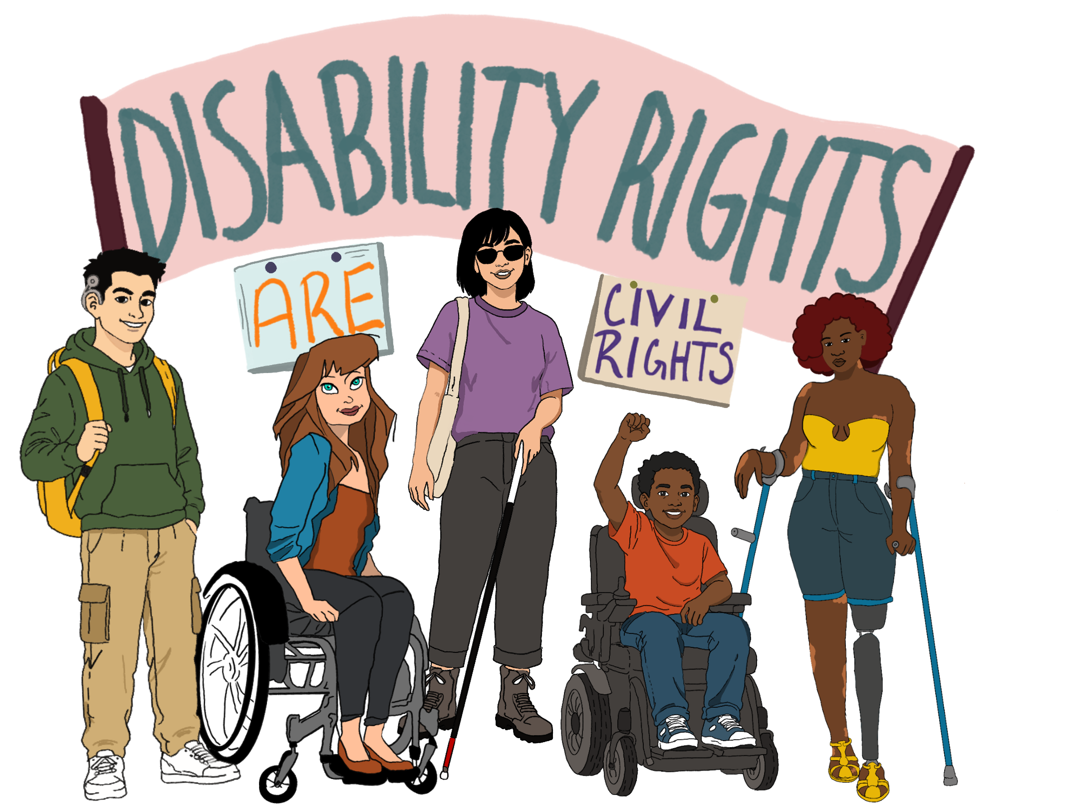 Illustration of group of students with disabilities holding signs saying "Disability Rights are Civil Rights." Graphics by Lena McDonald Illustration of group of students with disabilities holding signs saying "Disability Rights are Civil Rights." Graphics by Lena McDonald