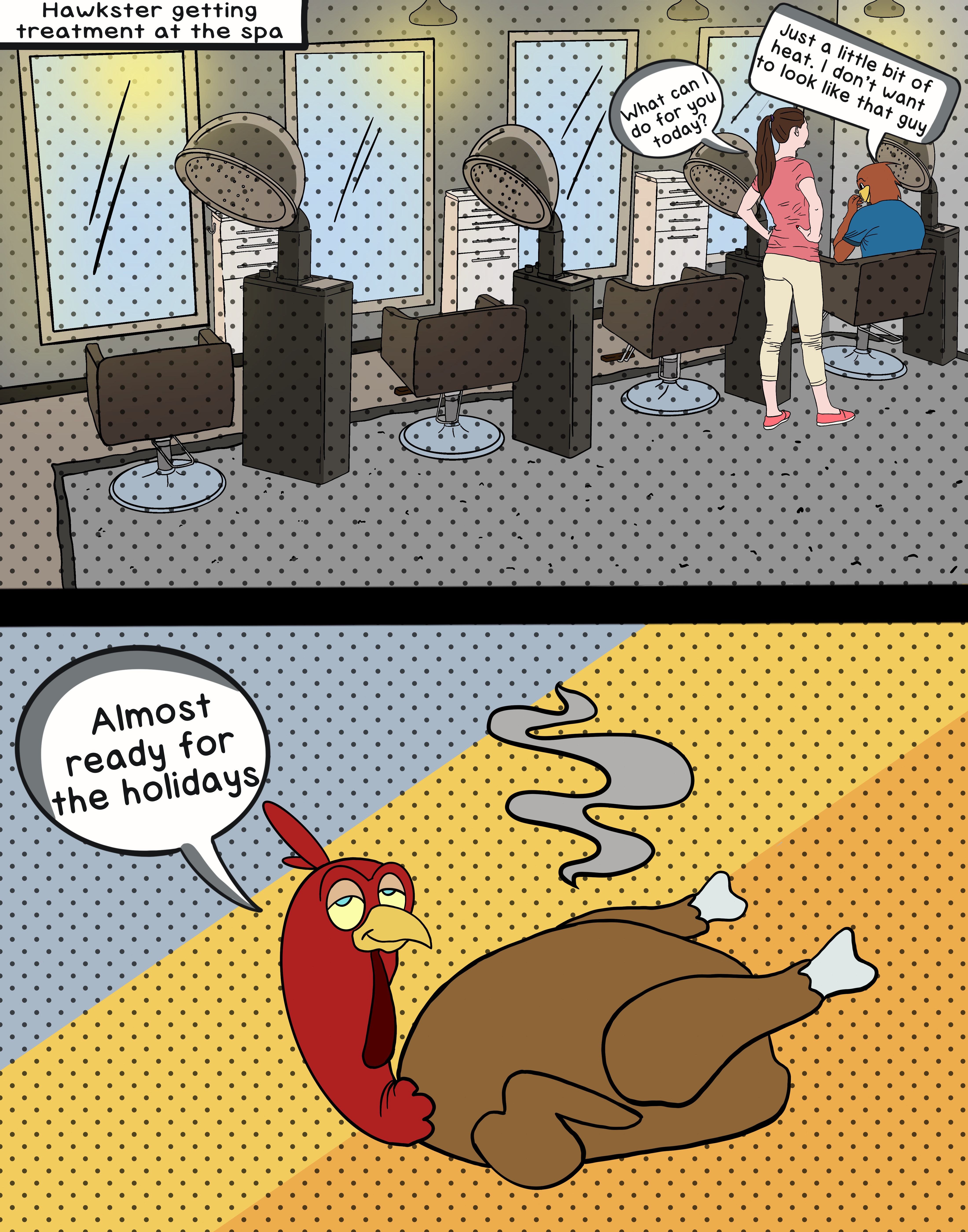 Comic of Hawkster going to the health spa to get ready for the holidays