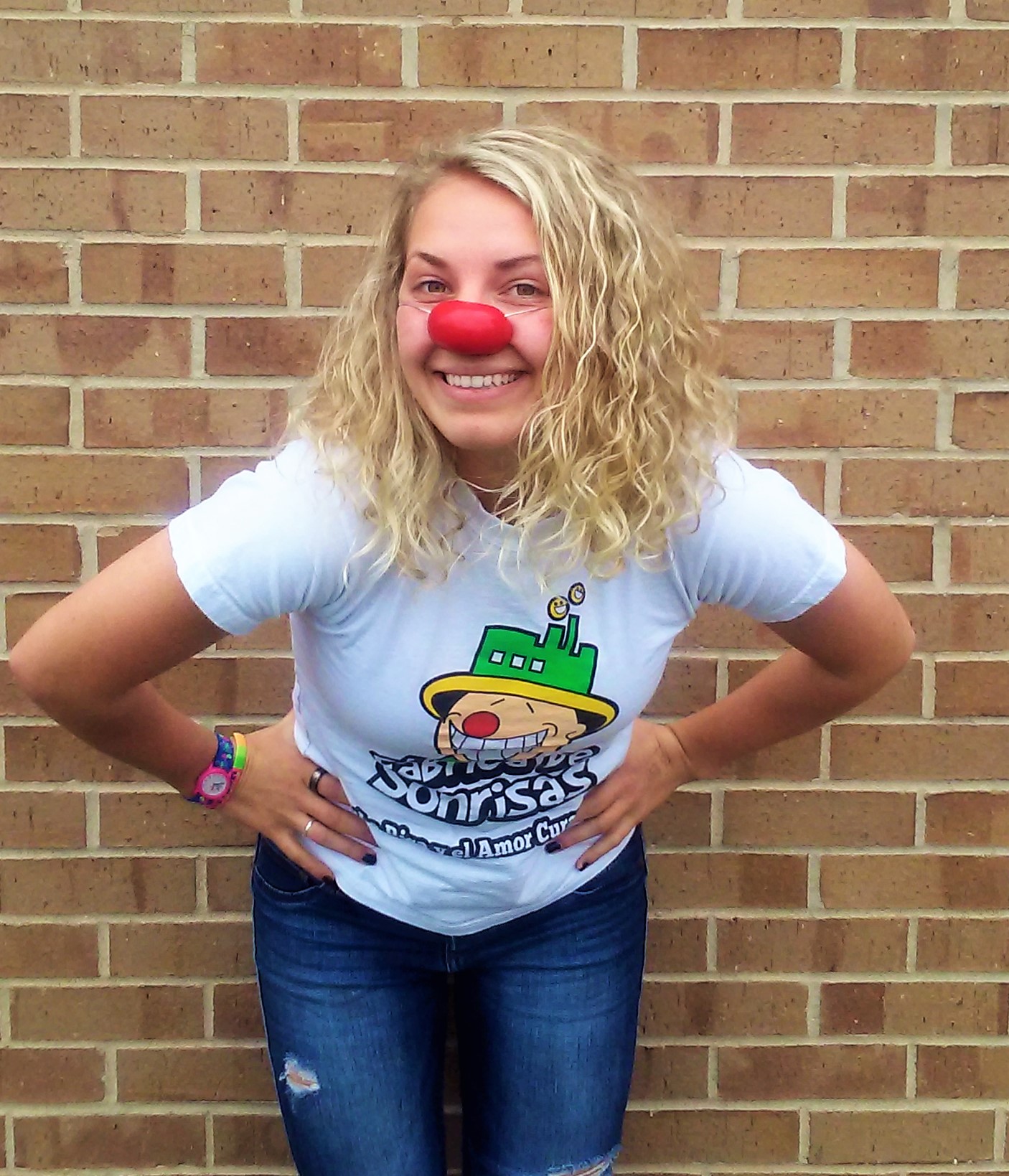 Anngiyln Dombrowksi wearing a red clown nose.