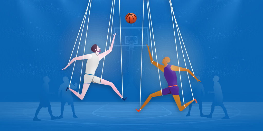 Graphic of two basketball players held up by strings like marionettes