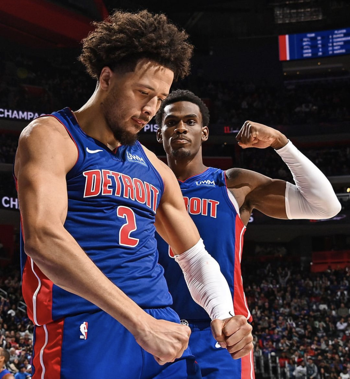 Cade Cunningham and Jalen Duren during home opener Oct. 28, 2023, Little Caesar's Arena, Detroit, MI. Photo courtesy Pistons.com