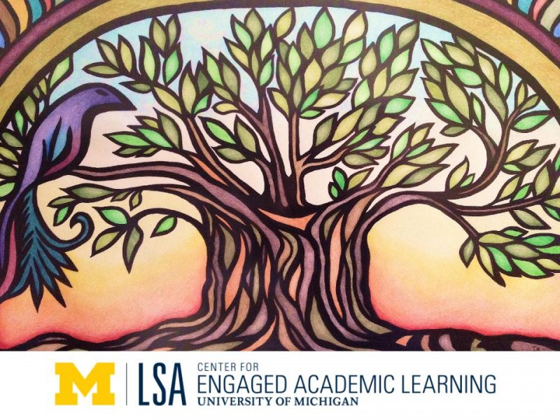 Image shows the logo for the University of Michigan's Center for Engaged Academic Learning, which features a bird sitting on a tree