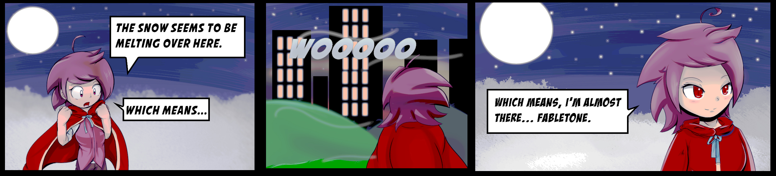Comic strip of girl in red cloak walking up hill toward cityscape with night sky above.
