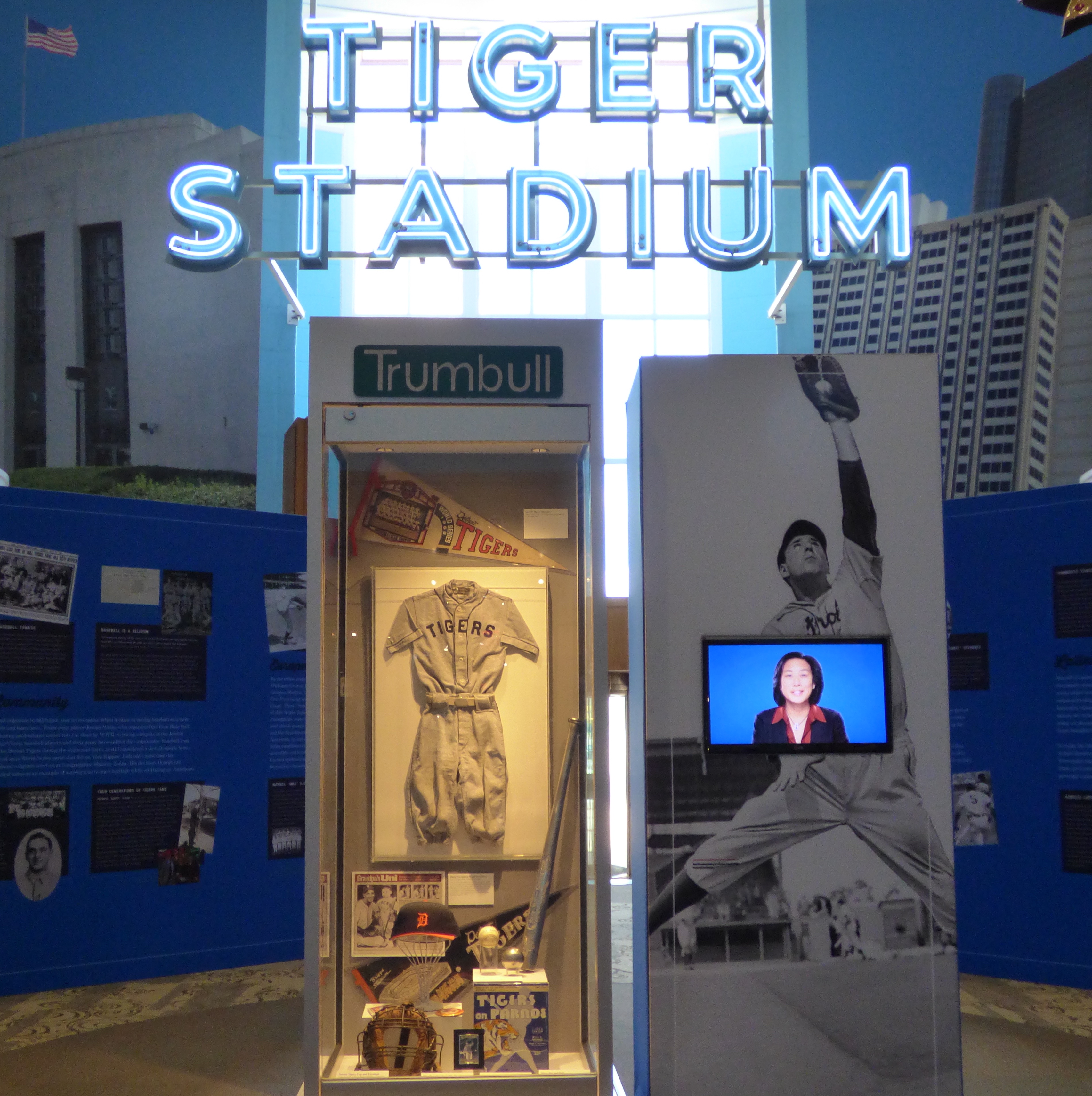 Photo of Detroit Tigers portion of the Chasing Dreams Baseball exhibit at the Detroit Historical Musem
