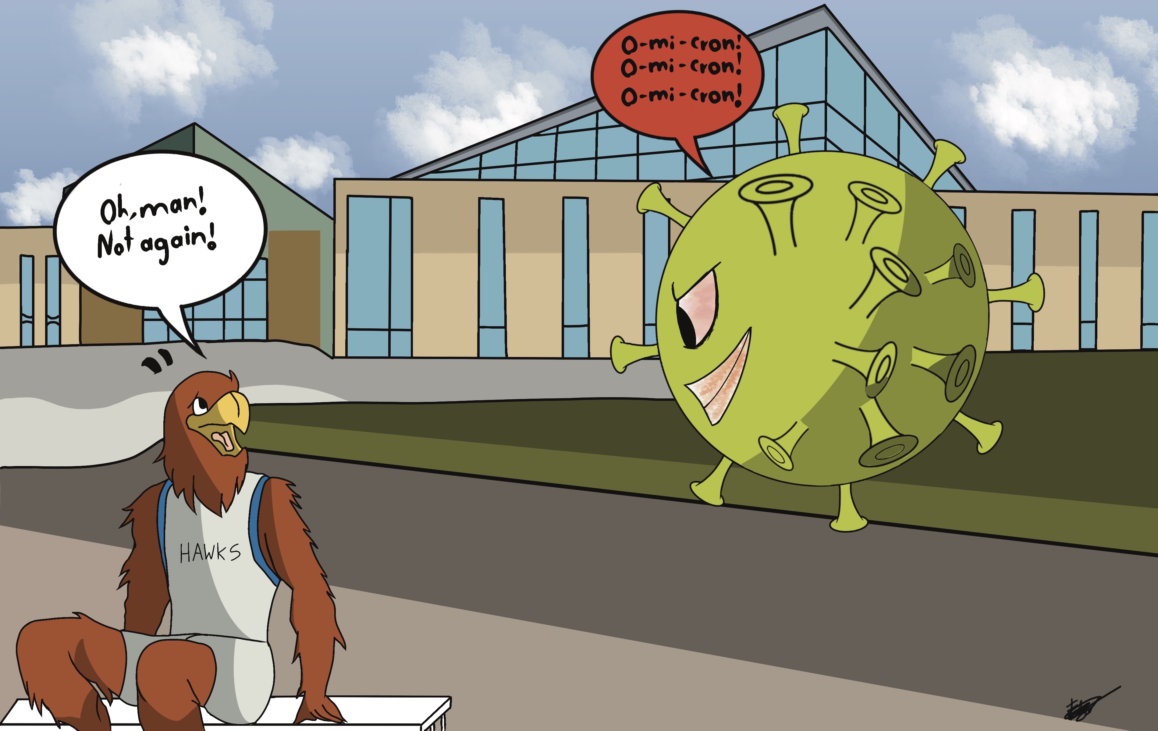 Comic of Henry Ford College Hawkster mascot being attacked by floating Omicron