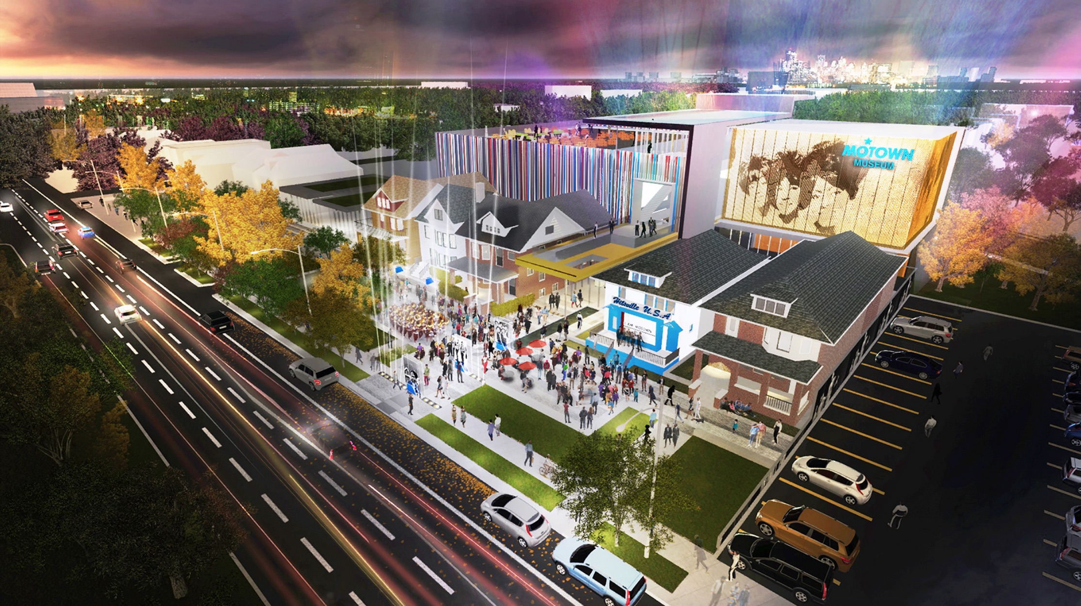Computer design aerial view of Motown Museum expansion. Design by Perkins+Will