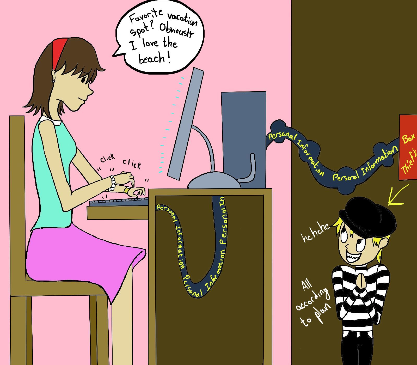 Comic of woman typing on a computer at her desk and on the other side of the wall is a thief with a tube collecting her personal data.