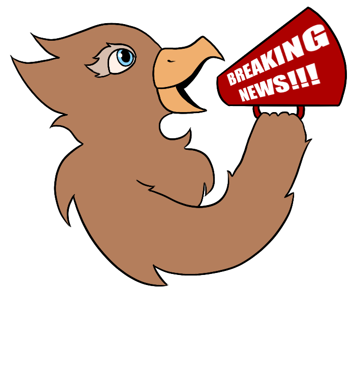 Drawing of Henry Ford College mascot Hawkster with megaphone announcing breaking news