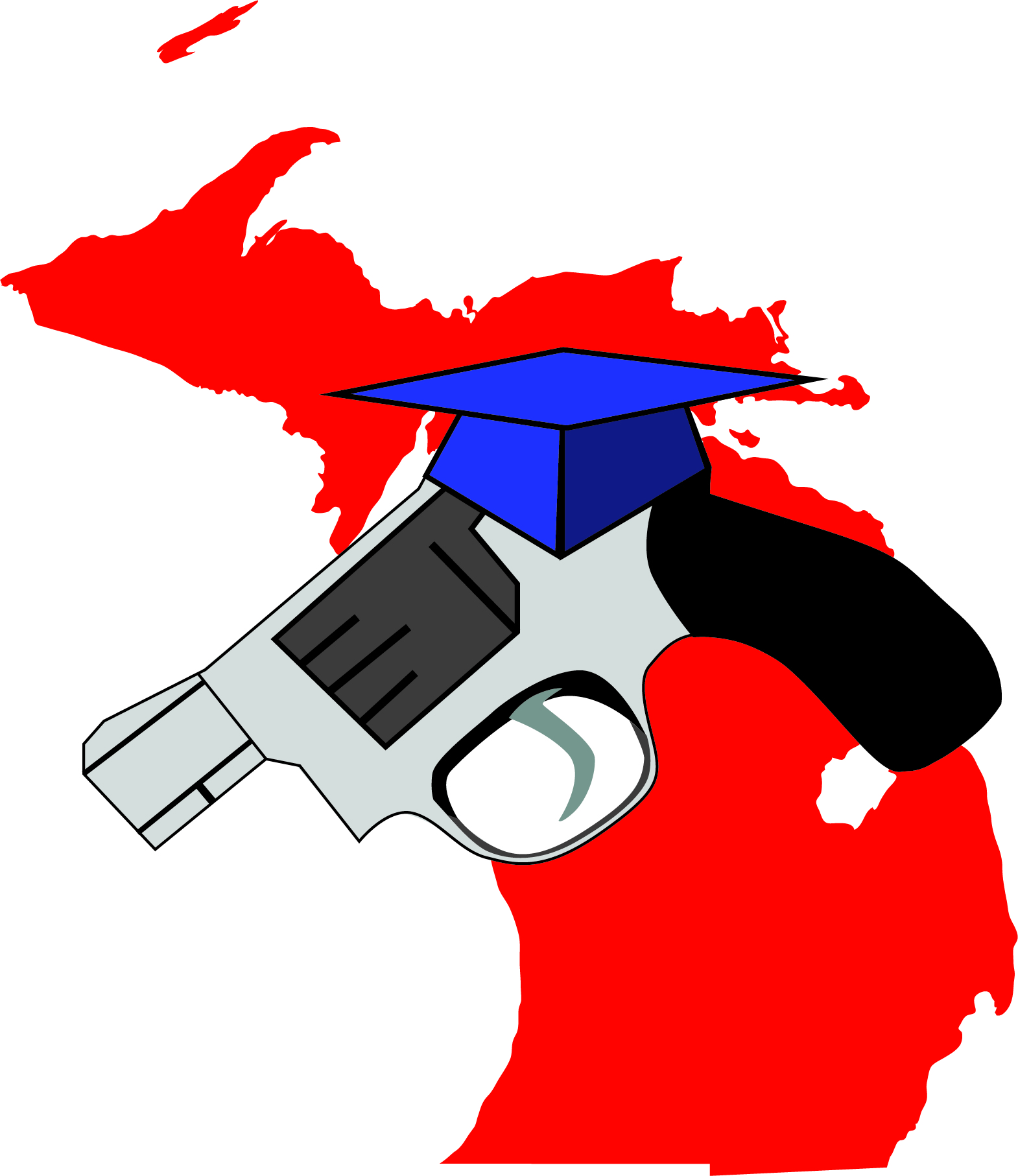 Michigan map in red with large handgun wearing a graduation cap.