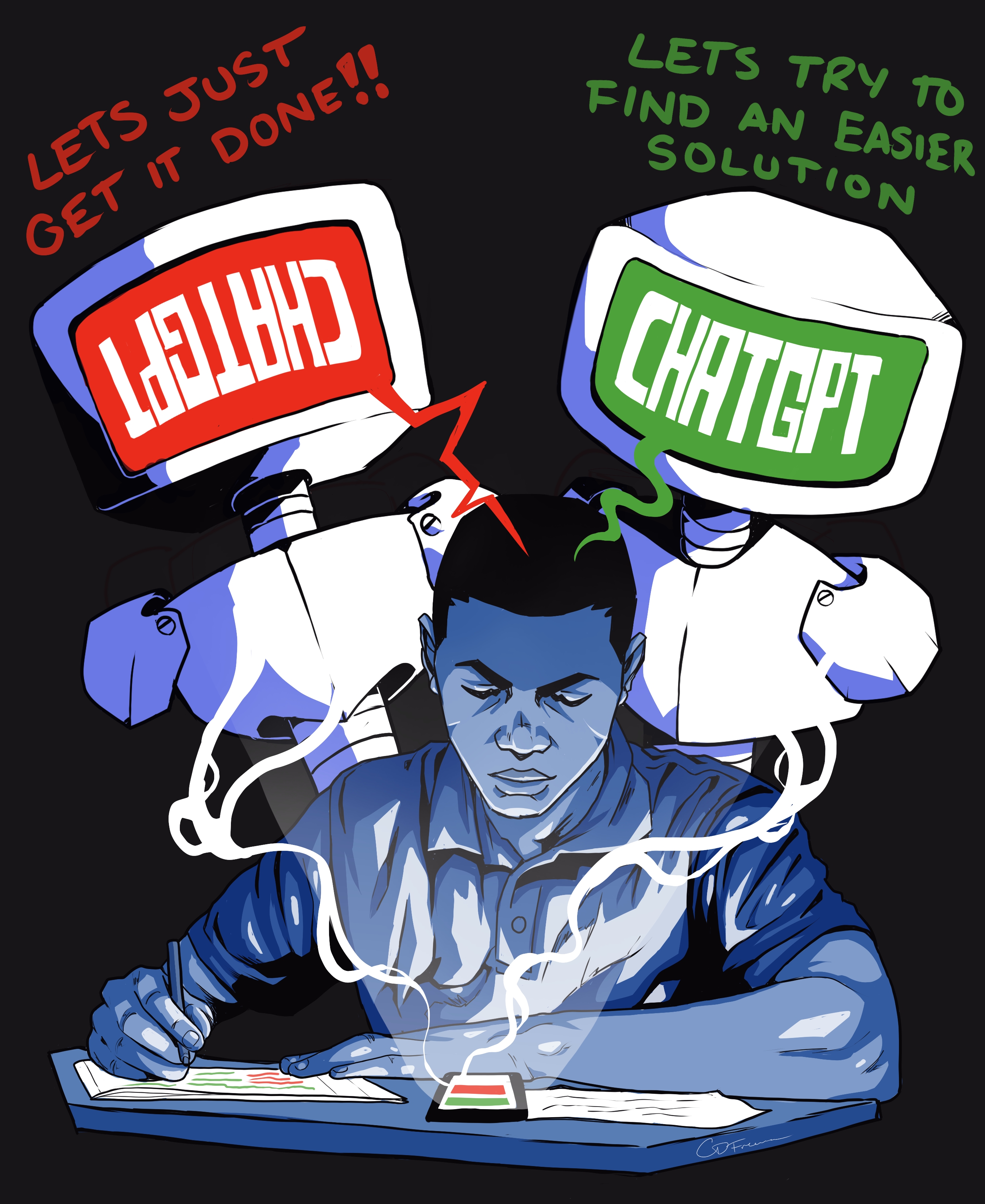 Illustration of student with ChatGPT giving student good and bad suggestions.