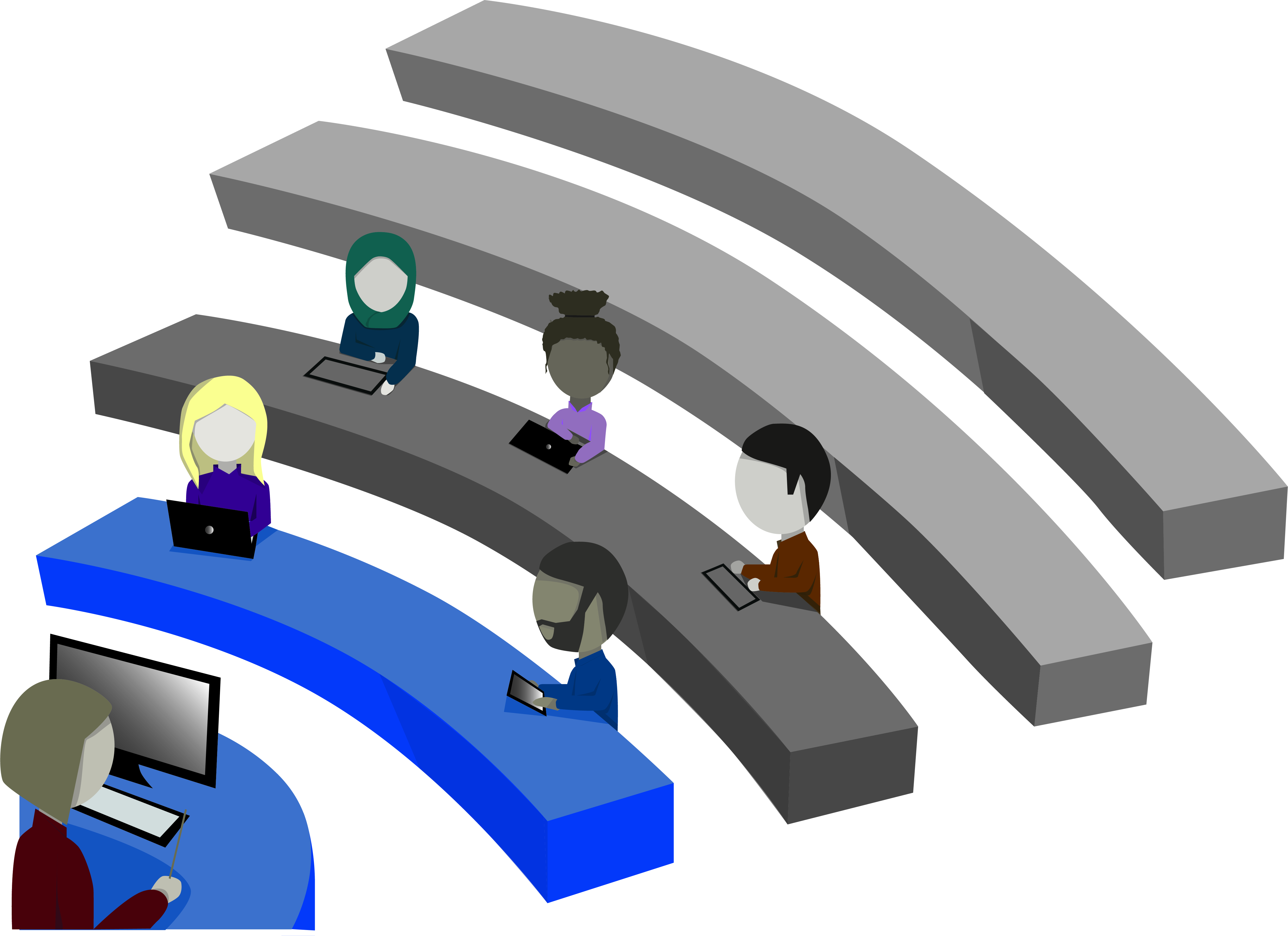 Graphic illustration of students in lecture hall with laptops by Zainab Saleh