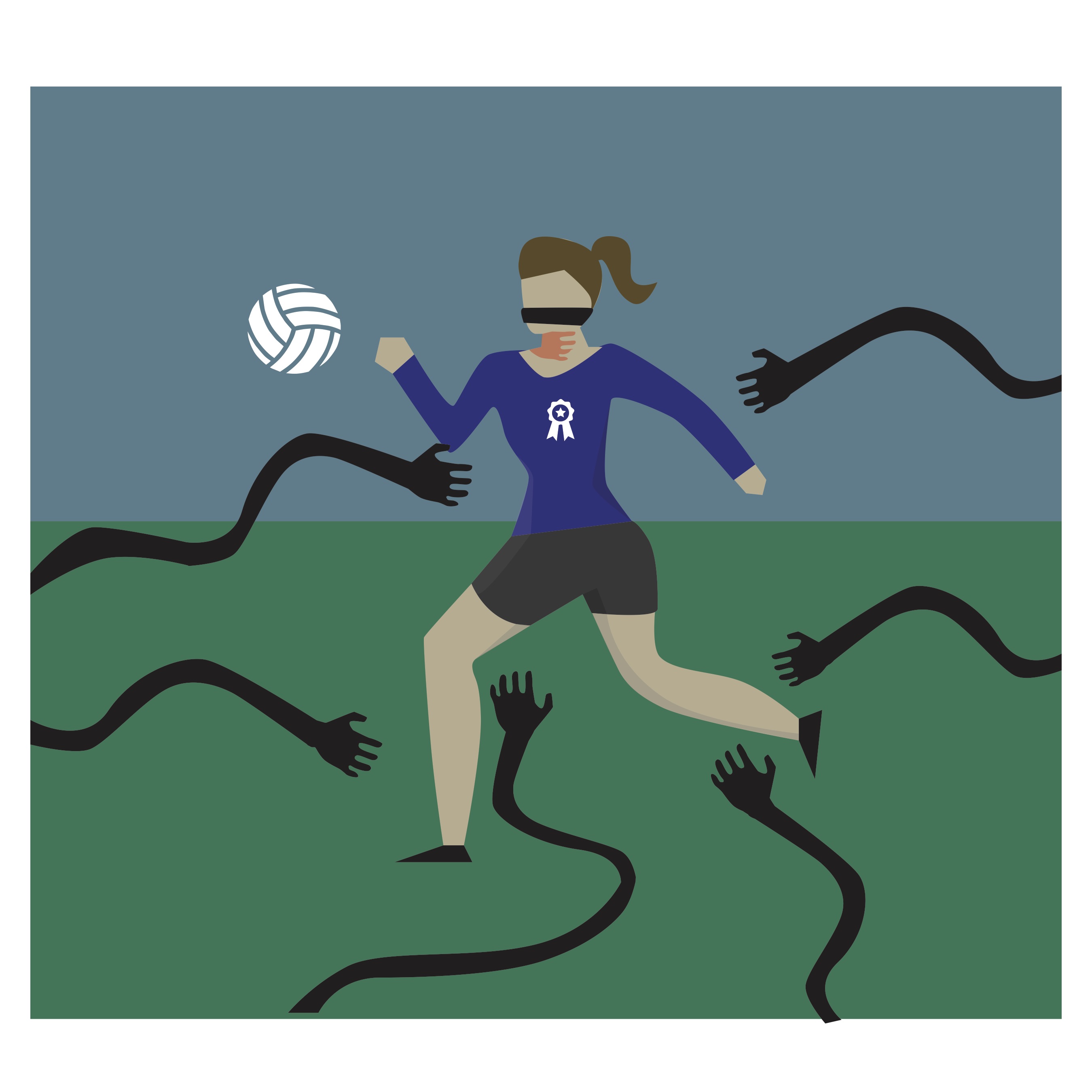 Drawing of female athlete with creepy arms reaching out for her.