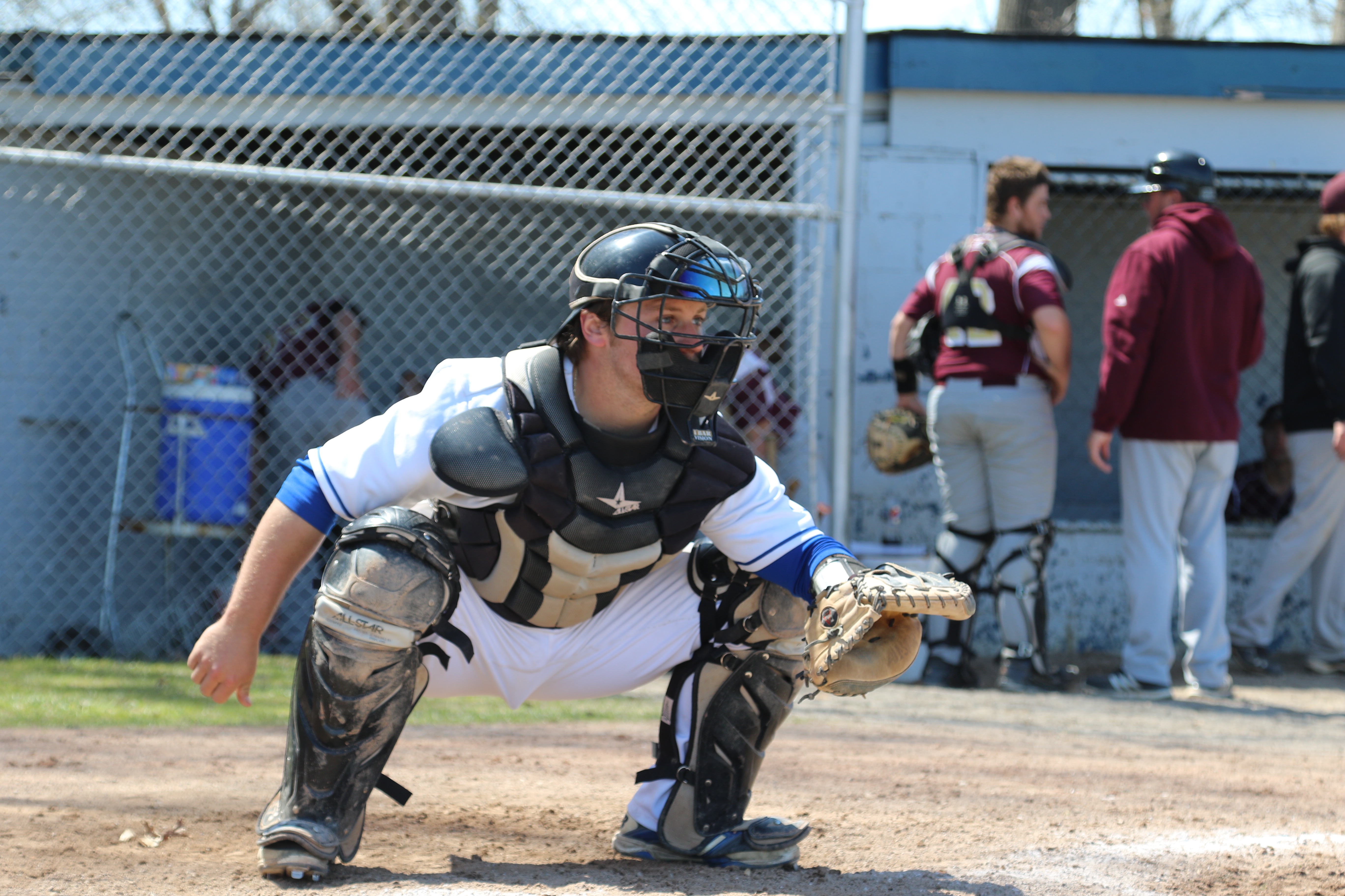 Dan Cameron the catcher for the Hawks baseball team in the field