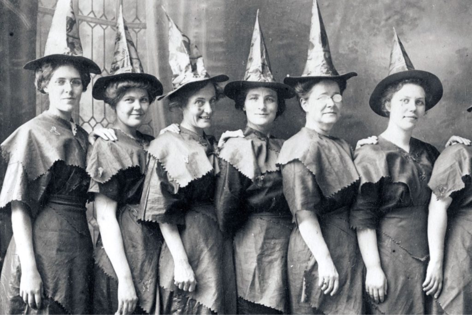 Historic black and white photo of women in witches clothes courtesy Detroit History Tours