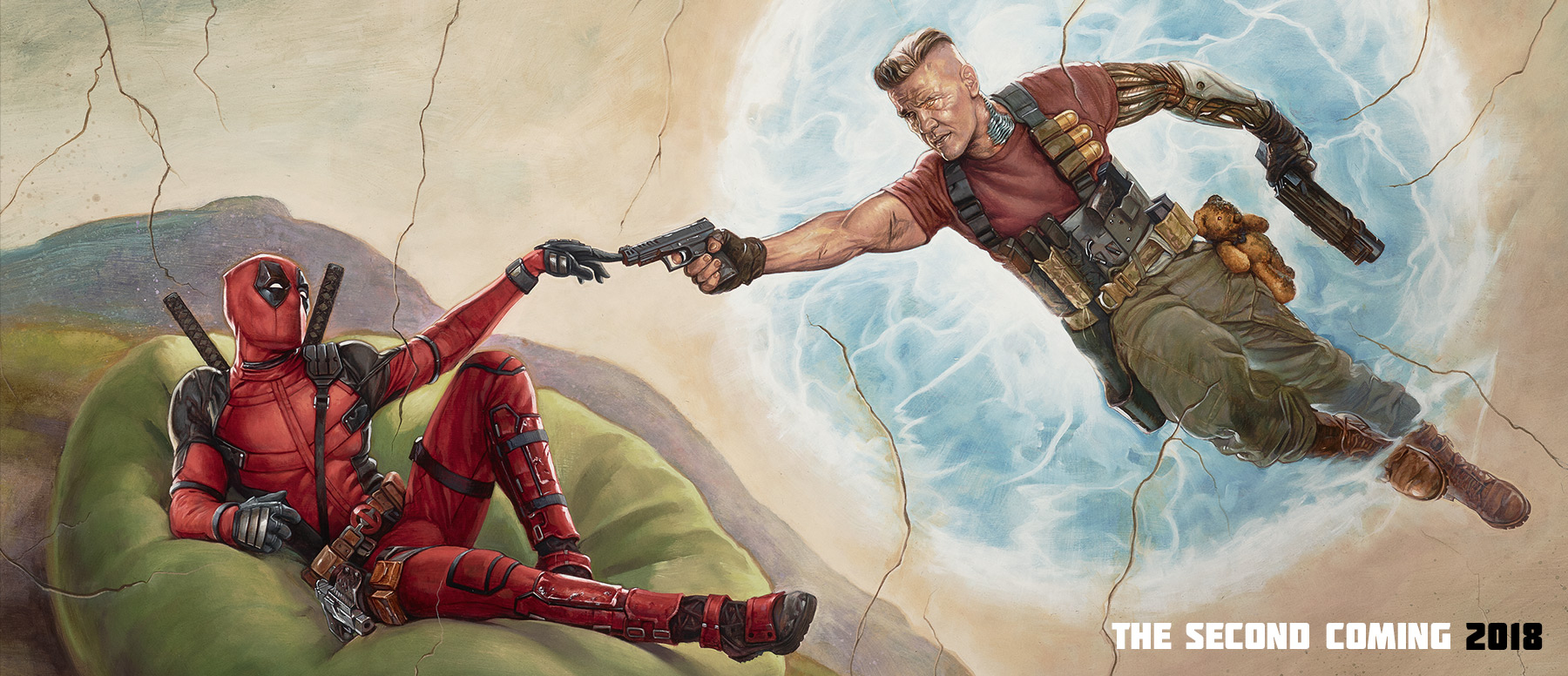 Image of Deadpool Promotional Poster showing Deadpool and Cable imitating Michelangelo's "The Creation of David"