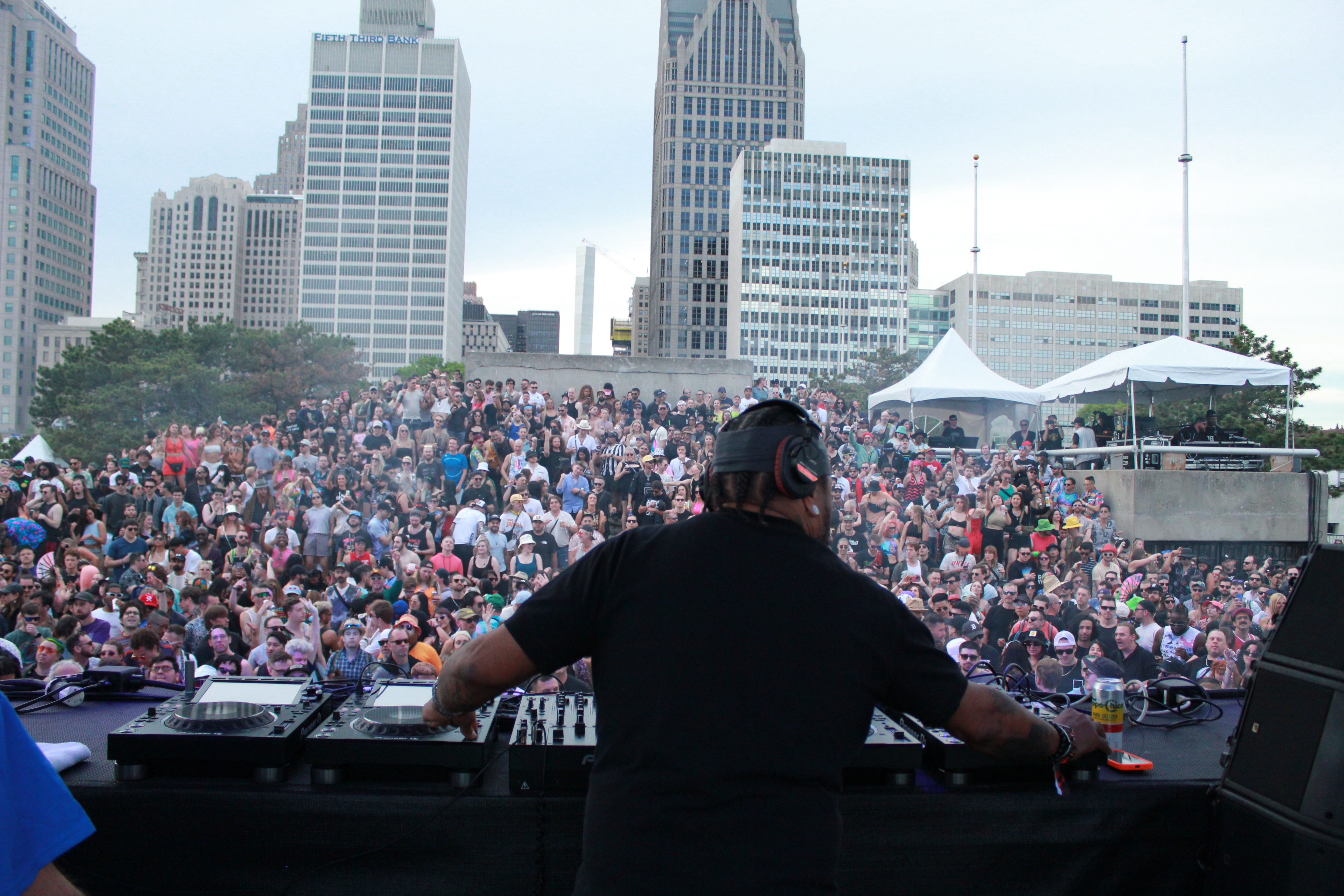 Derrick Carter on stage facing crowd at Movement 2023 electronic music festival in Detroit, MI, May 27, 2023.
