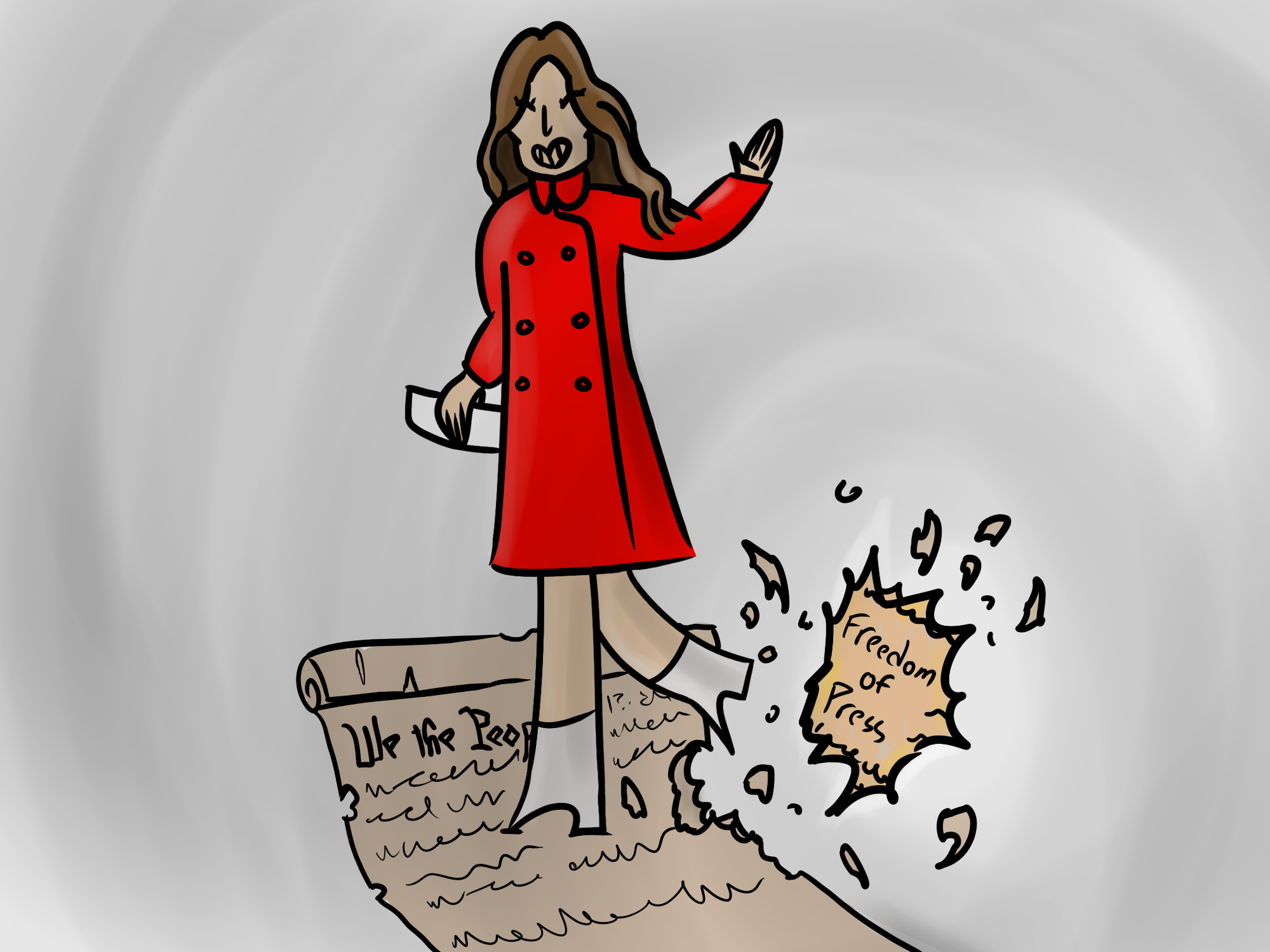 Illustration of woman stomping on Bill of Rights with Freedom of Press being torn off.