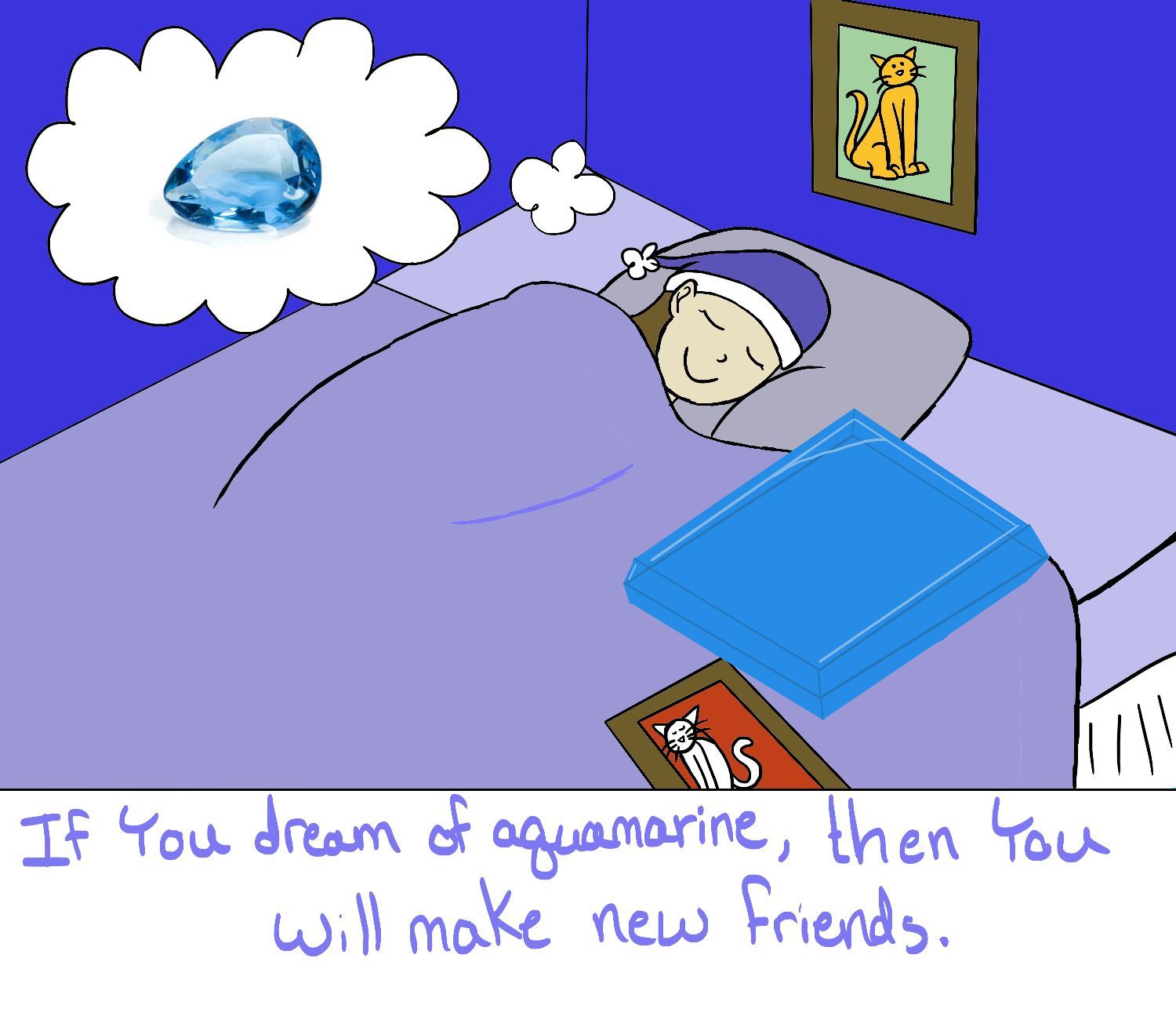 Comic of girl sleeping next to a large blue gem and dreaming of the gem.