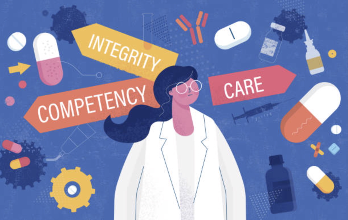 Illustration of scientist with words about scientific integrity around her. Illustration of scientist with words about scientific integrity around her.