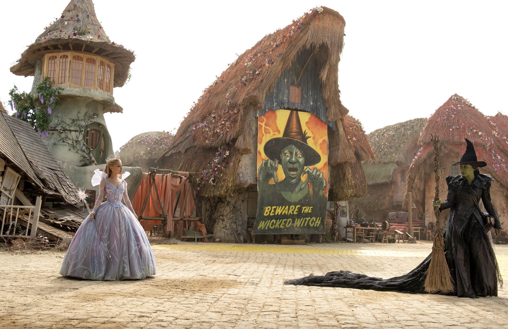 Glinda (Ariana Grande) and Elphaba (Cynthia Erivo) square off in scene from "Wicked For Good" courtesy of Universal Pictures