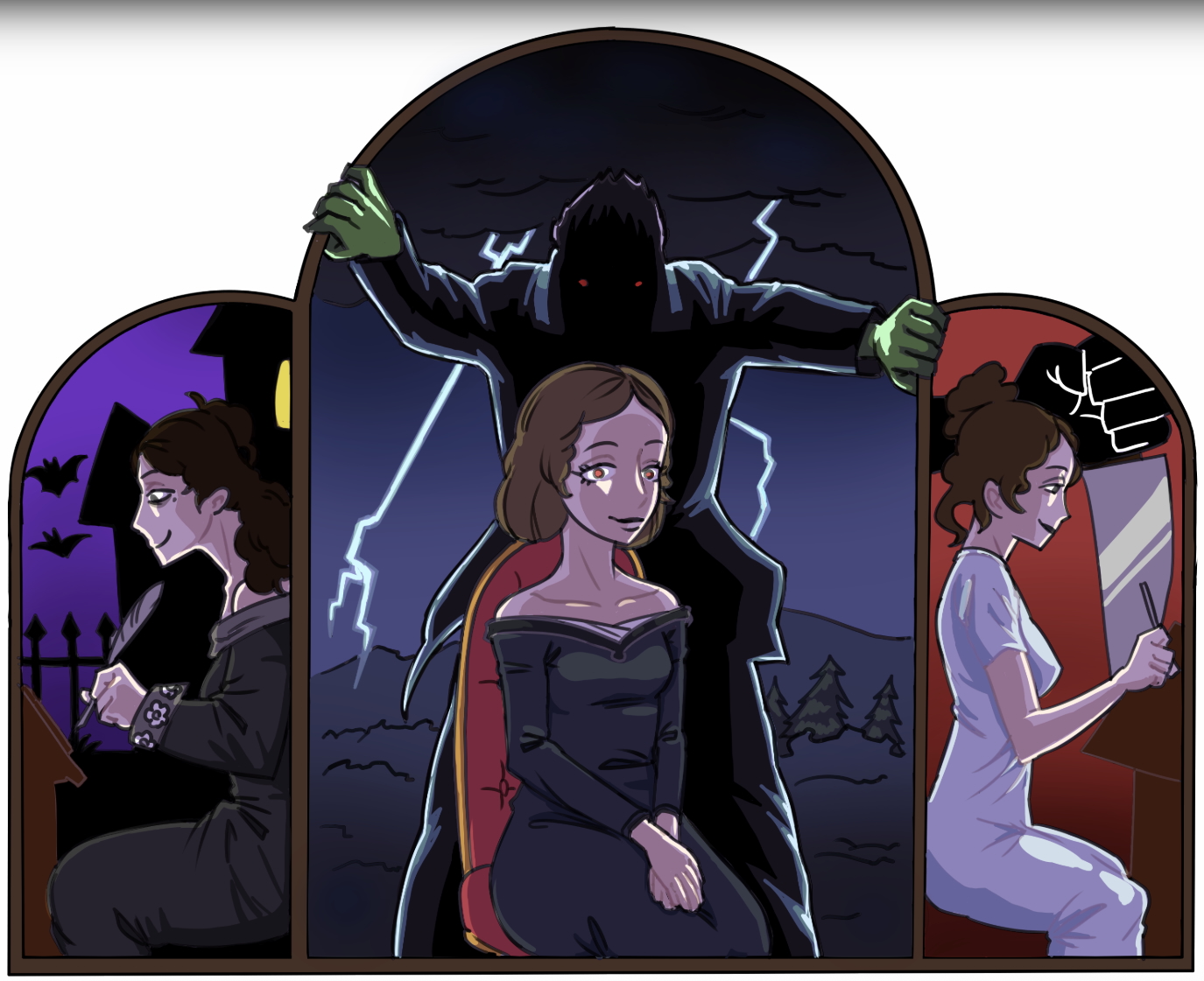 Drawing of gothic women authors Ann Radcliffe, Mary Shelley, and Charlotte Bronte. Illustration by Youssef Daher Drawing of gothic women authors Ann Radcliffe, Mary Shelley, and Charlotte Bronte. Illustration by Youssef Daher