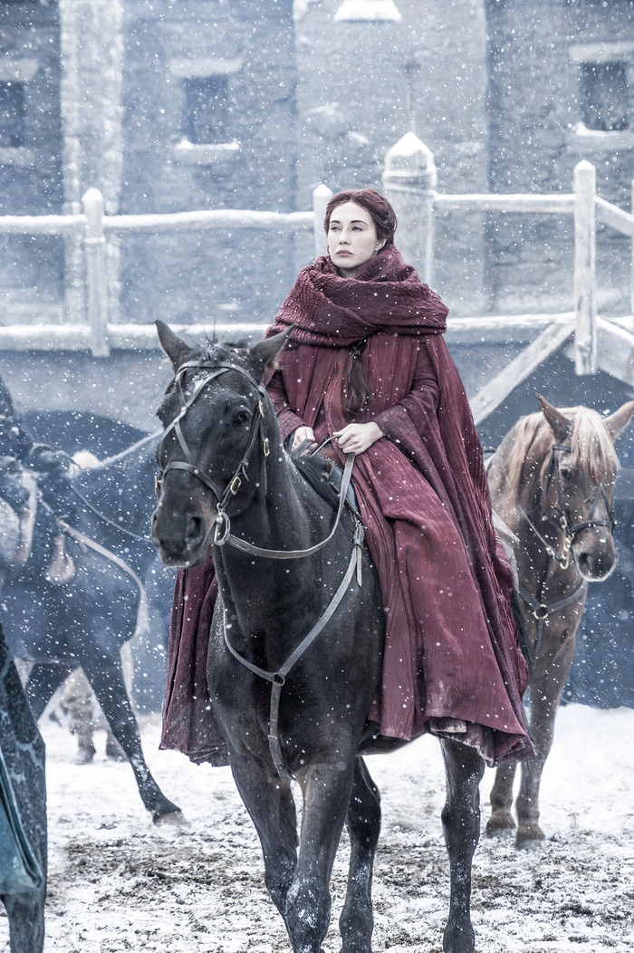 The "Red Woman" on a horse in the snow entering "Castle Black" in season 5 of Game of Thrones.