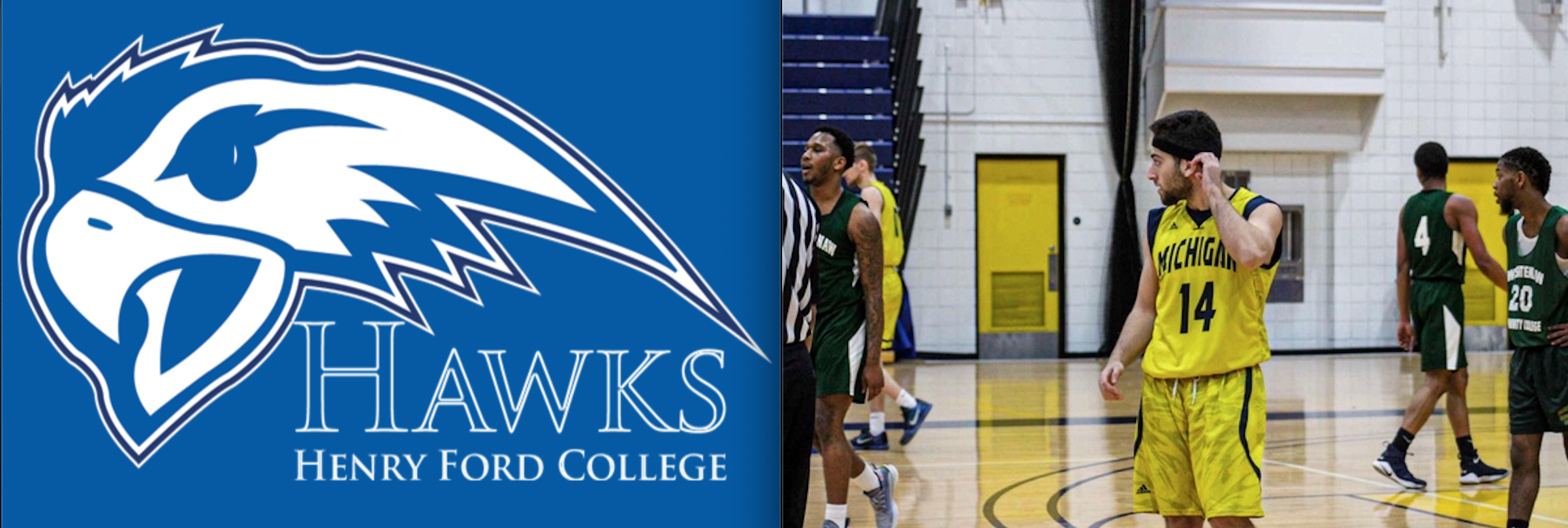 Hawks Athletics logo next to photo of UM-Dearborn basketball player, Mohamed Wahidi