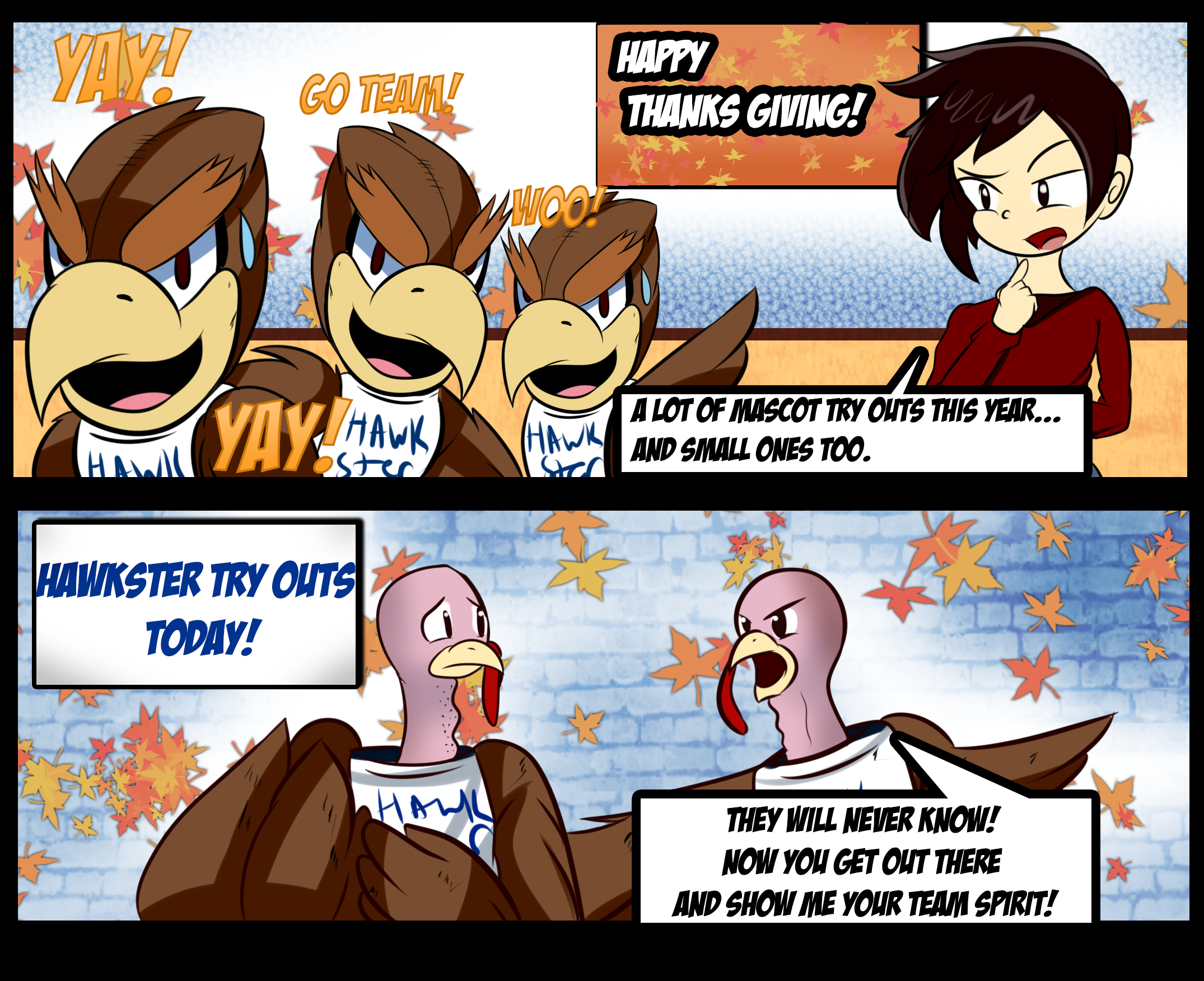2-panel Thanksgiving comic about Hawkster tryouts. 