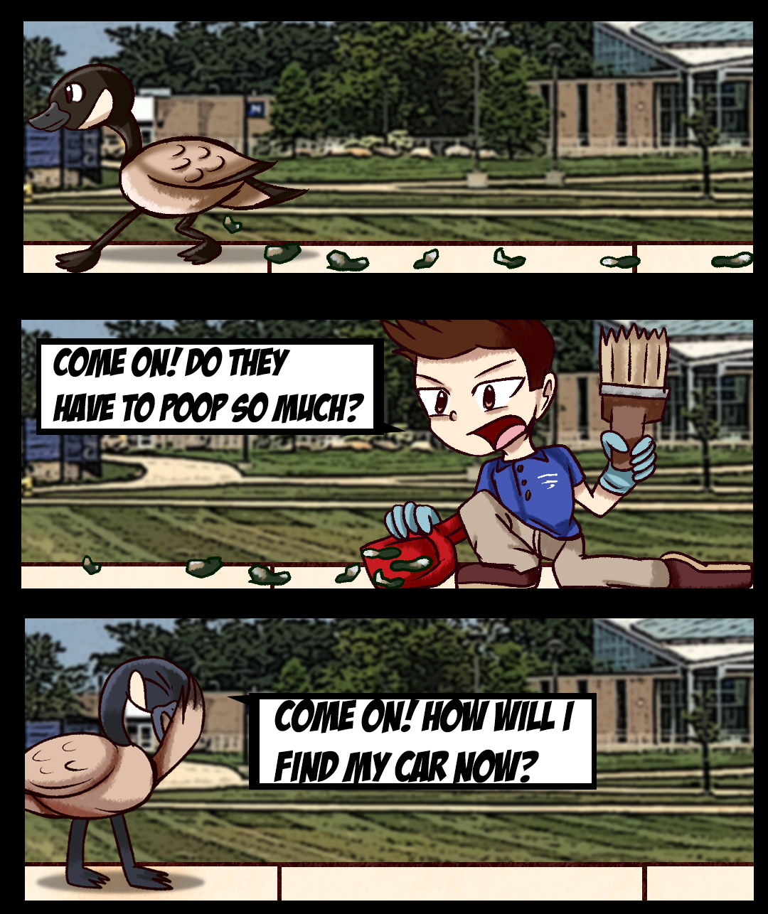 Three-panel comic depicting HFC goose and student