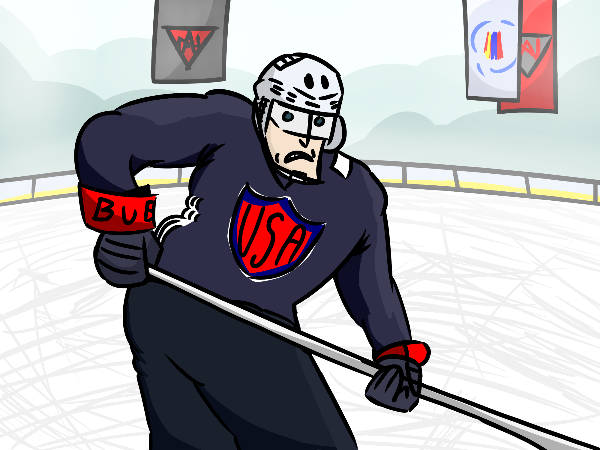 Cartoon of hockey player with USA on jersey.