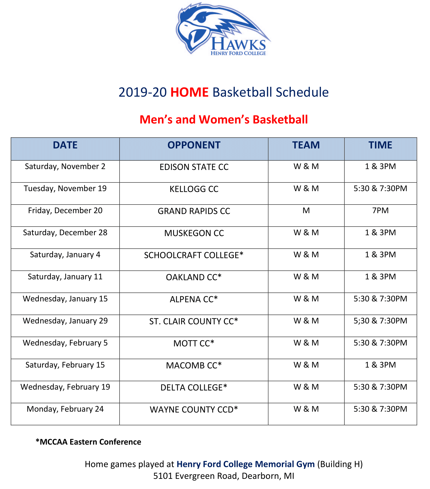 Image shows the HFC men and women's basketball season schedule
