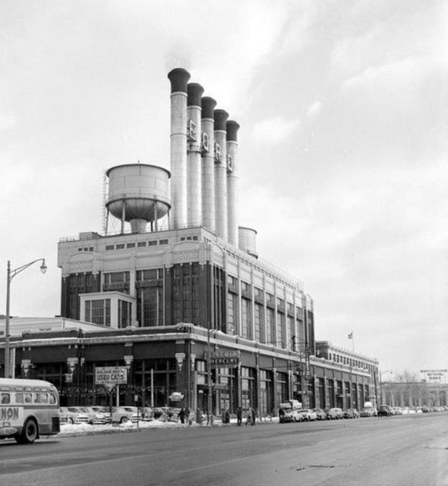 Iconic FORD letters between the smokestacks of the Ford Highland Park Plant photo courtesy Walter P. Reuther Library Wayne State University