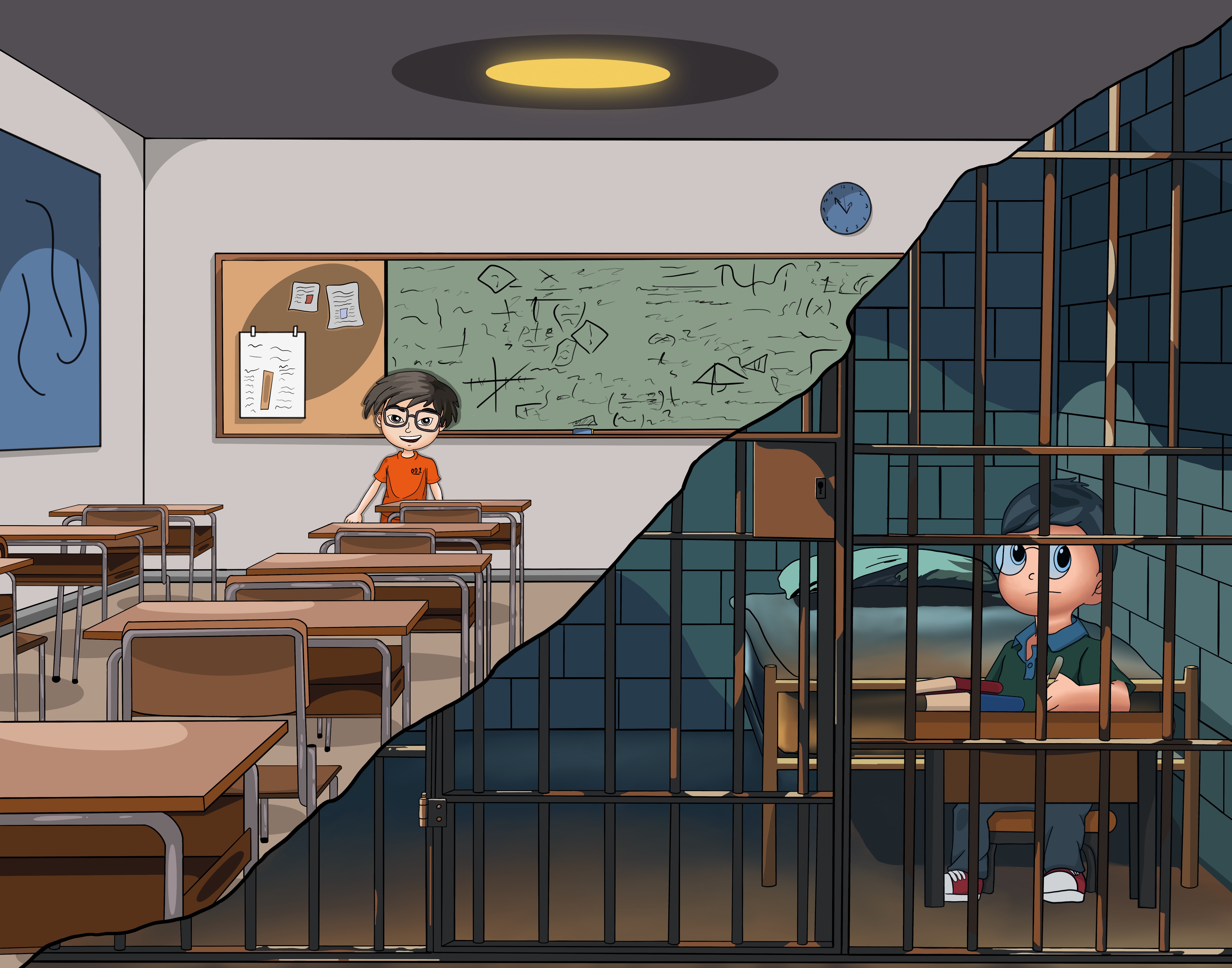 Illustration of school to prison pipeline showing a child of color in a classroom, then in prison.