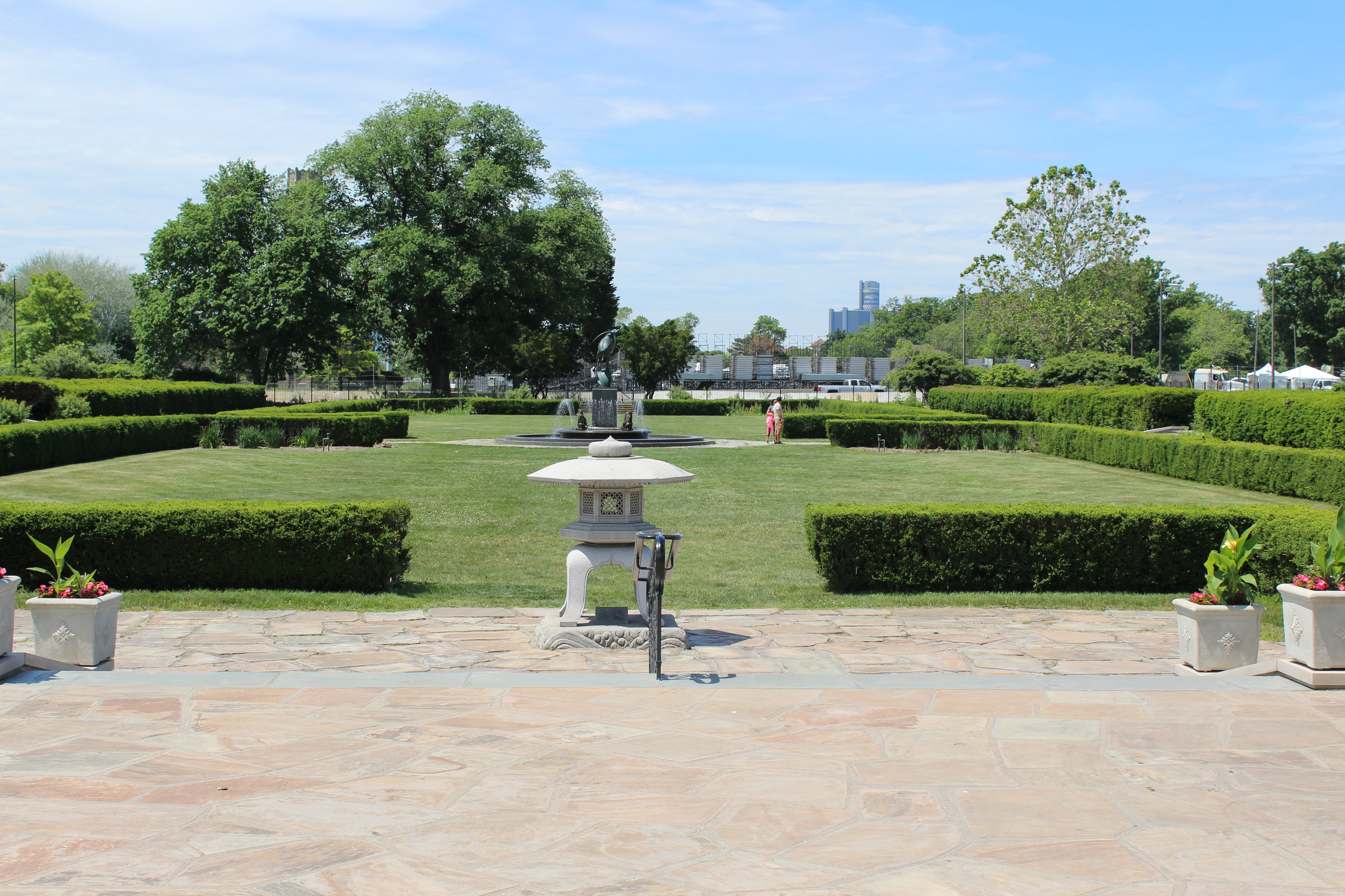 Outside garden at Belle Isle Conservatory looking toward downtown Detroit