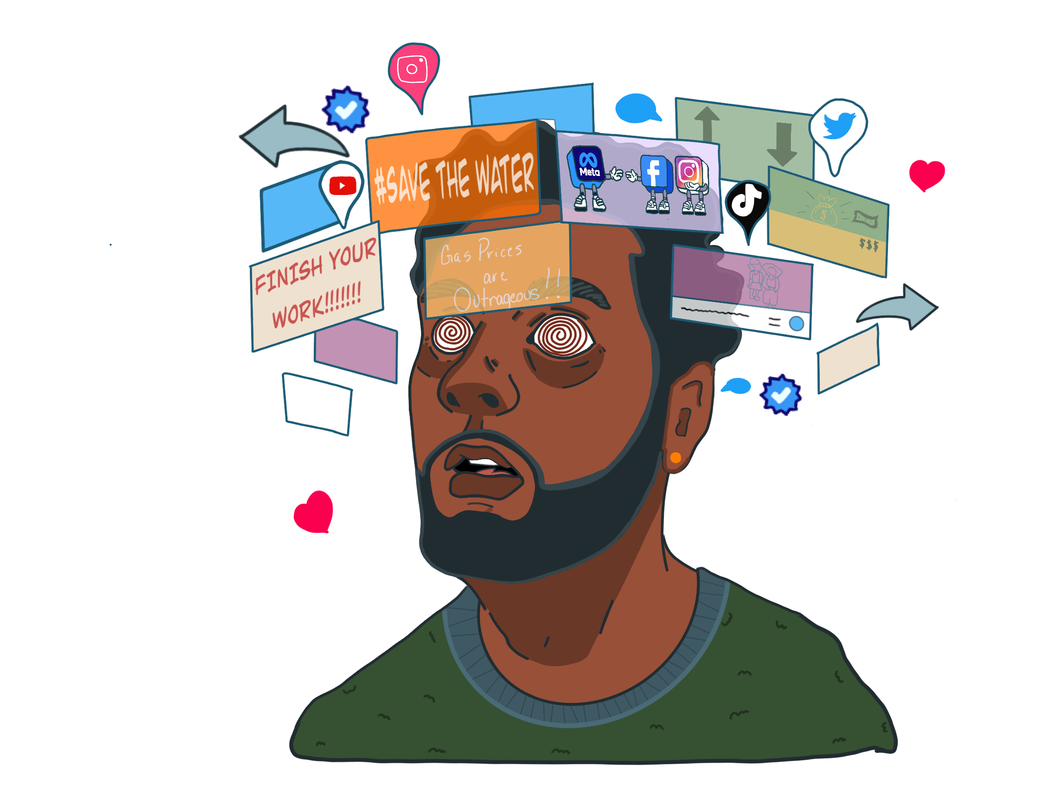 Illustration of person in a daze with swirling apps around his head. Graphics by Lena McDonald Illustration of person in a daze with swirling apps around his head. Graphics by Lena McDonald