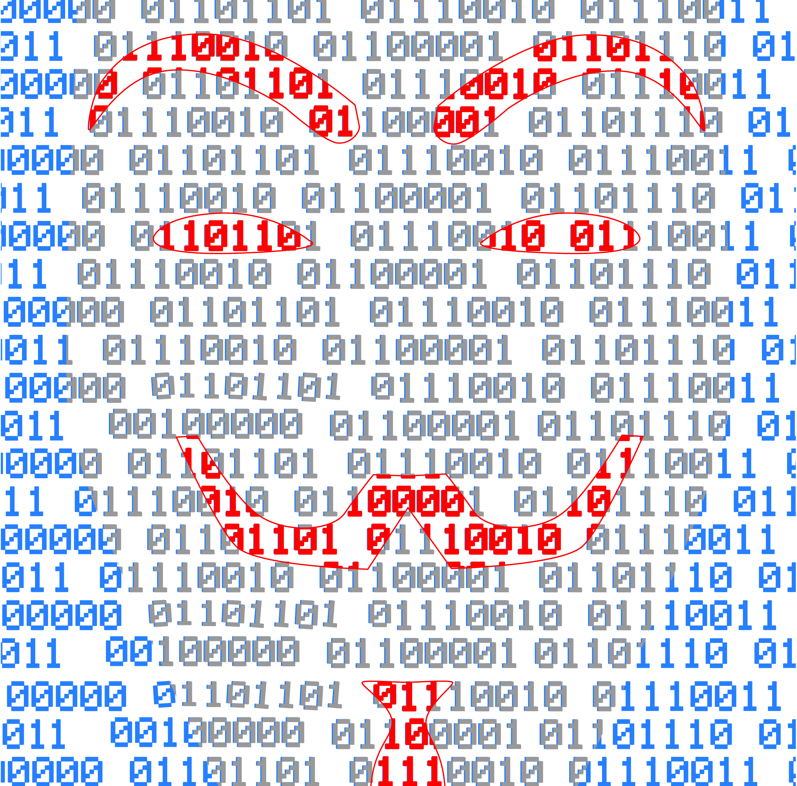 Computer ones and zeroes with Guy Fawkes face appearing in red.
