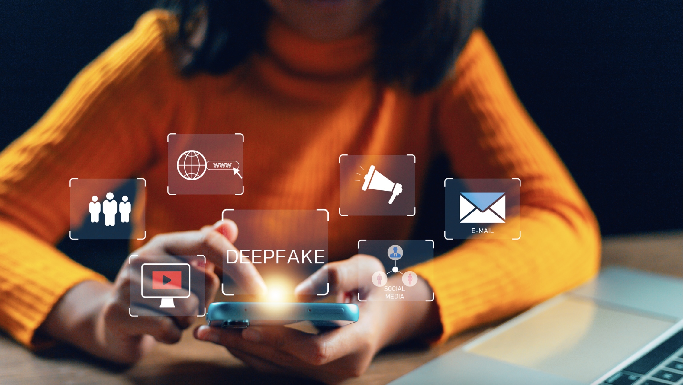 Photo of woman looking at smartphone and seeing "deep fakes." iStock Getty Images