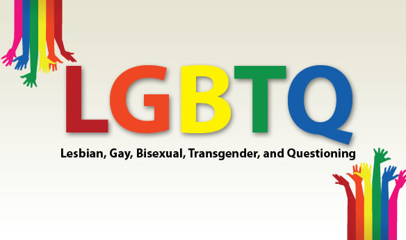 LGBTQ in rainbow colors with Lesbian, Gay, Bisexual, Transgrender, and Questioning spelled out underneath